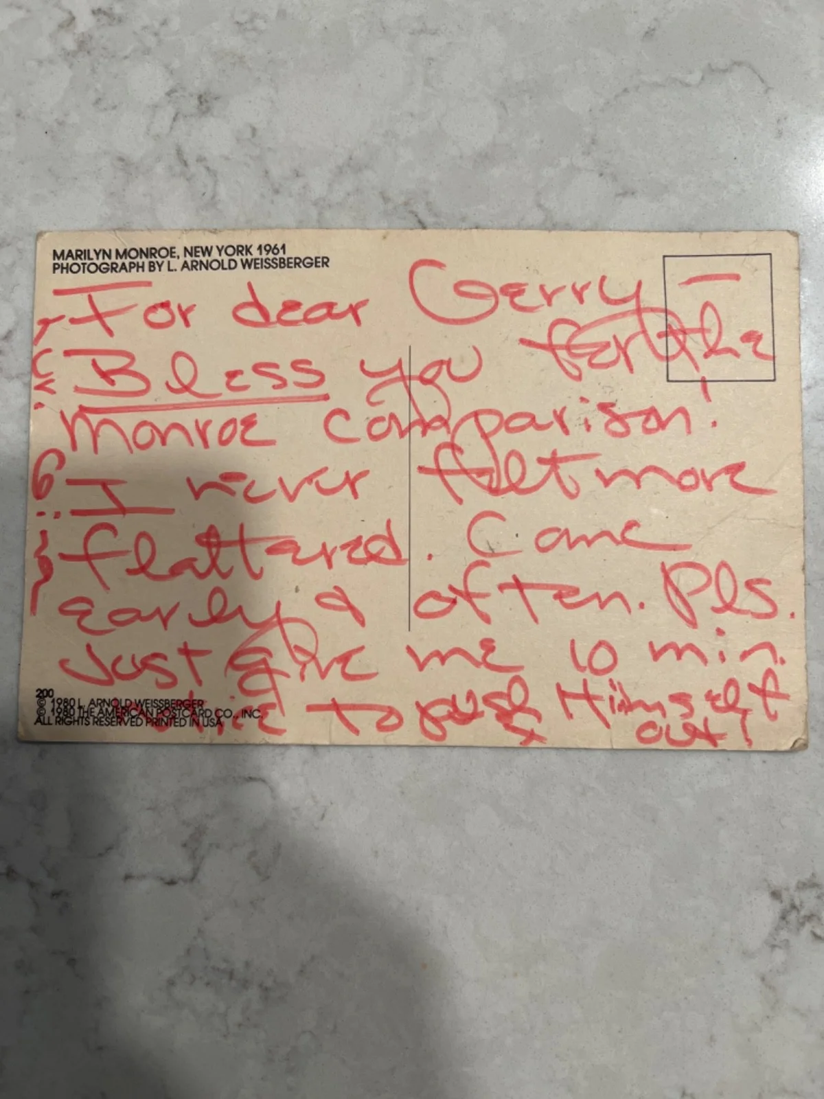 Gina Lolabrigita — ORIGINAL Signed Marilyn Monroe Post Card to Jerry Lewis from Gina Lollobrigida, изображение 2