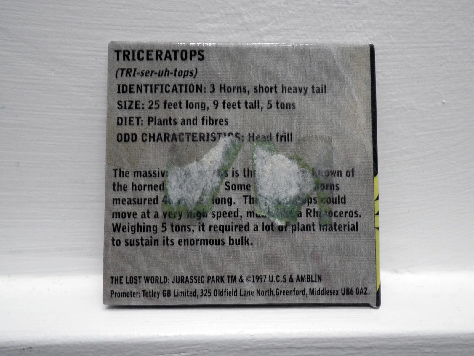 JURASSIC PARK LOST WORLD COIN, NO. 7 TRICERATOPS, TETLEY, 1997 (GREAT CONDITION), изображение 2