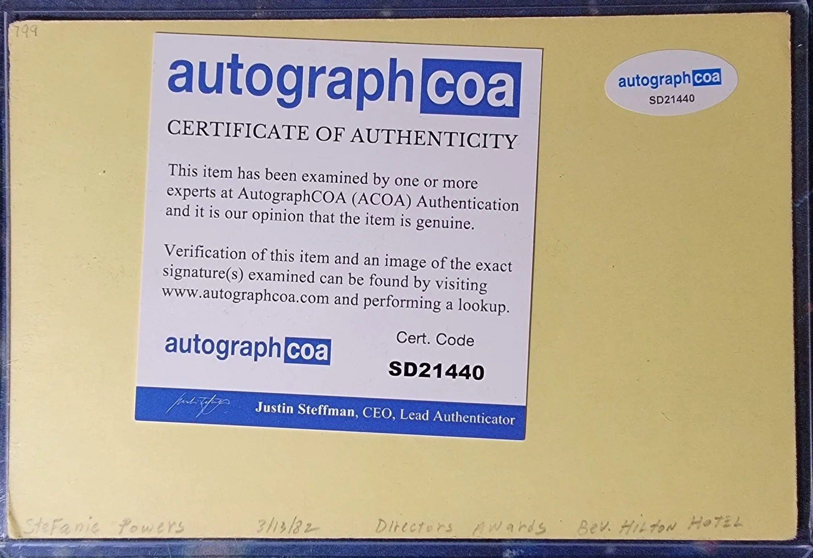Stefanie Powers — Stefanie Powers Authentic Signed Index Card W/ ACOA Hart To Hart, image 2