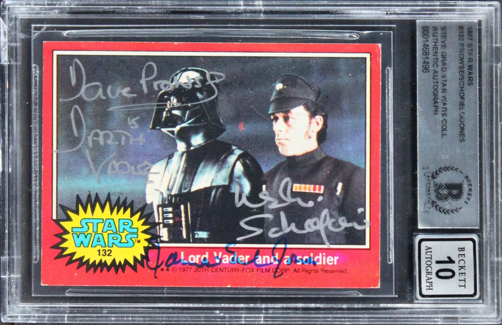 David Prowse, Leslie Schofield & James Earl Jones — (3) Prowse, Jones, Schofiel Signed 1977 Star Wars #132 Card Auto 10! BAS Slab