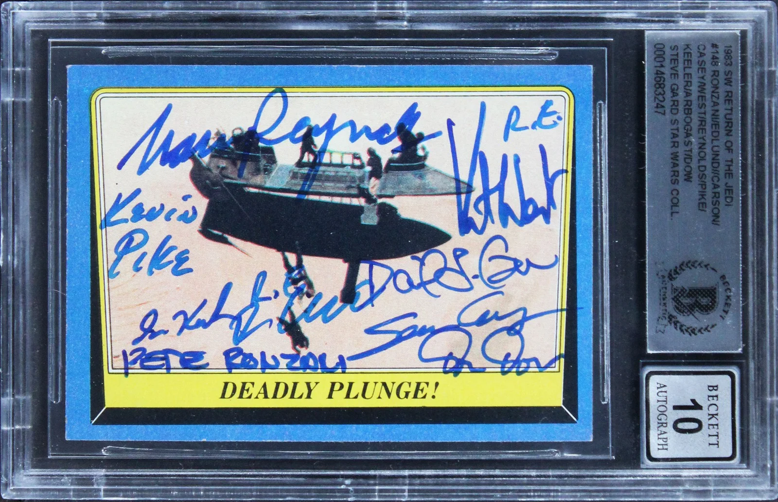 Pete Ronzani, Richard Edlund, Norman Reynolds, Don Dow, Ira Keele — (10) Ronzani +9 Signed 1983 Star Wars ROTJ #148 Card Auto Grade 10! BAS Slabbed