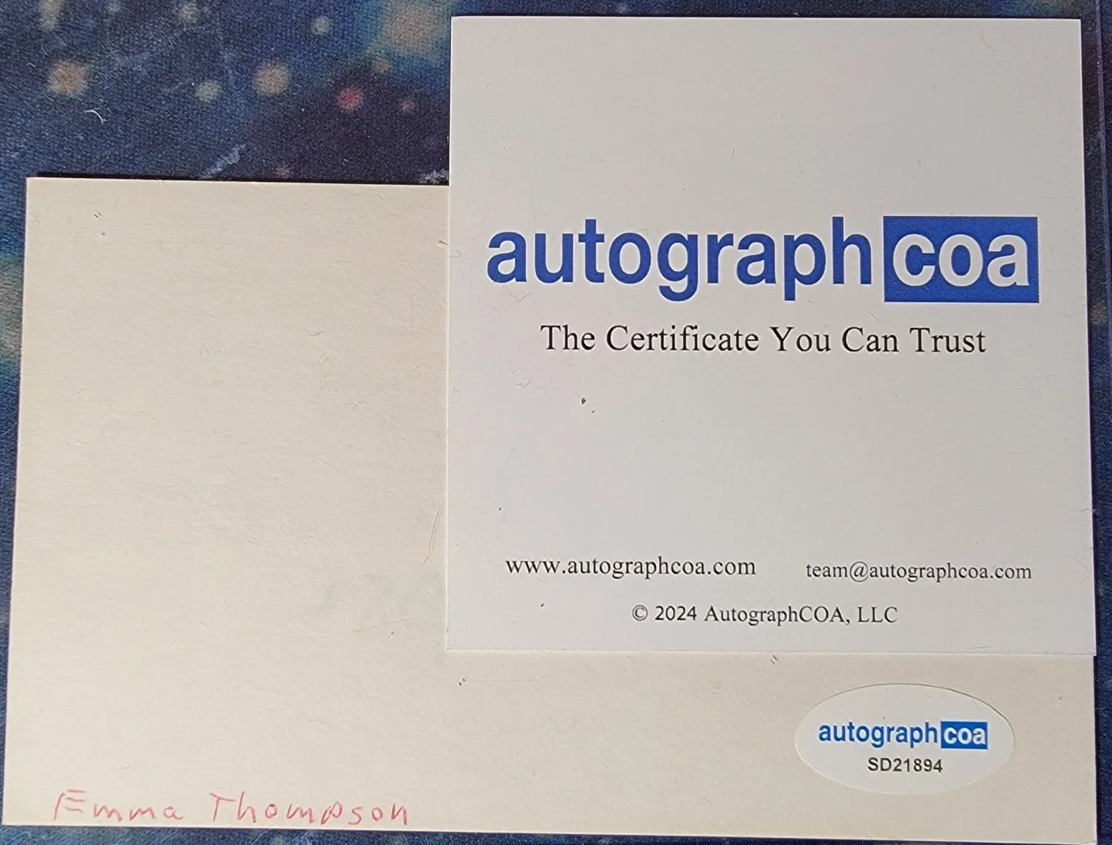 Emma Thompson — Emma Thompson Authentic Signed Index Card W/ ACOA Nanny McPhee, image 2