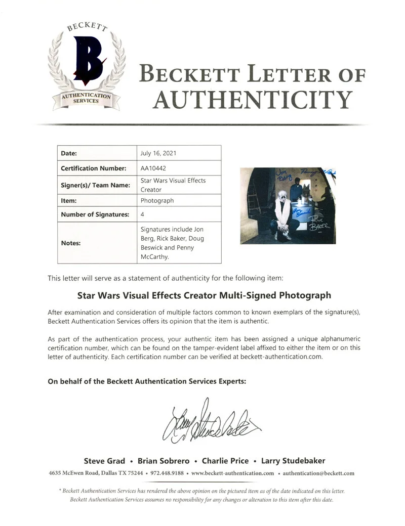 VFX CANTINA CREATORS BERG BESWICK BAKER +1 SIGNED 8x10 PHOTO STAR WARS BECKETT, изображение 2