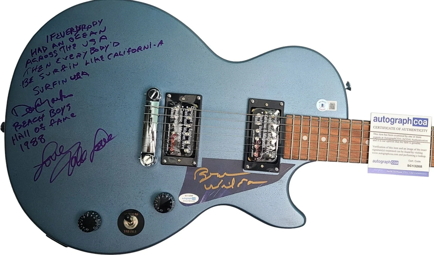 The Beach Boys Signed Guitar w Surfin USA Lyrics Exact Proof ACOA BAS, изображение 2
