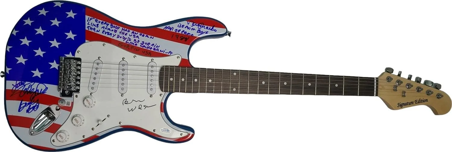 The Beach Boys Brian Wilson + Autographed Surfin USA Flag Guitar w Lyrics ACOA B, изображение 3