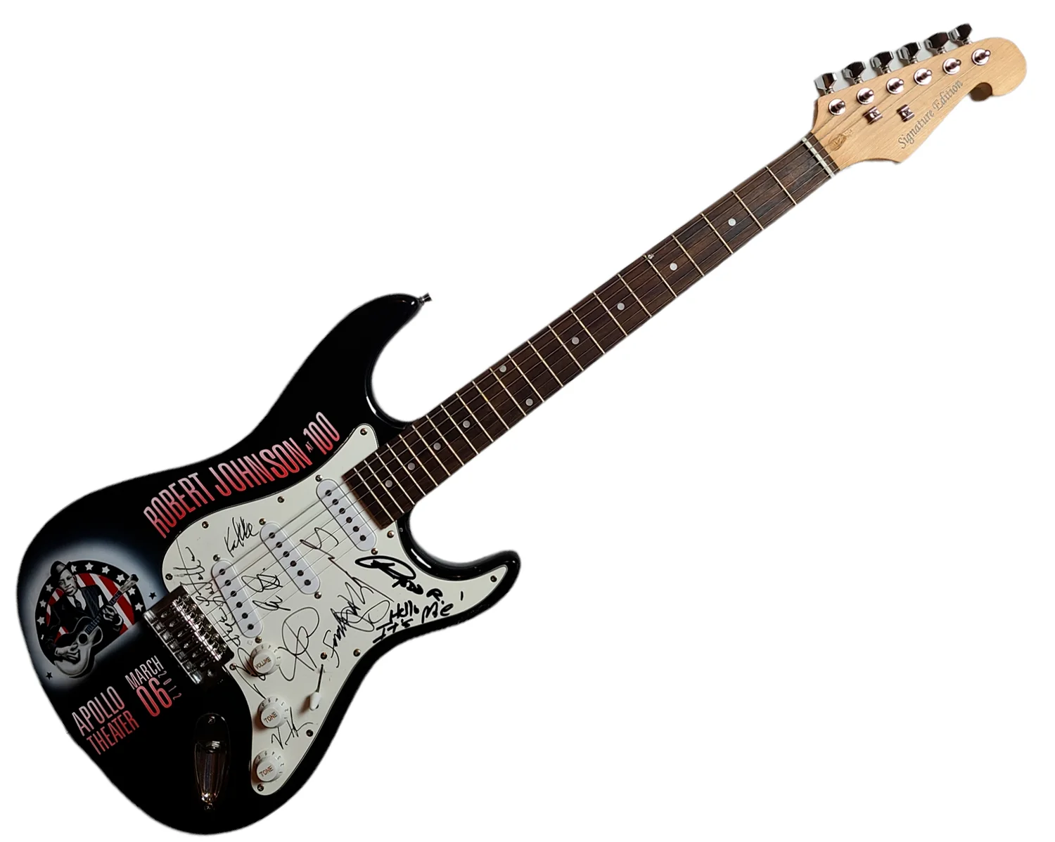 Robert Johnson Tribute Concert Autographed Hand Airbrushed Painting Guitar w Lyr, image 3