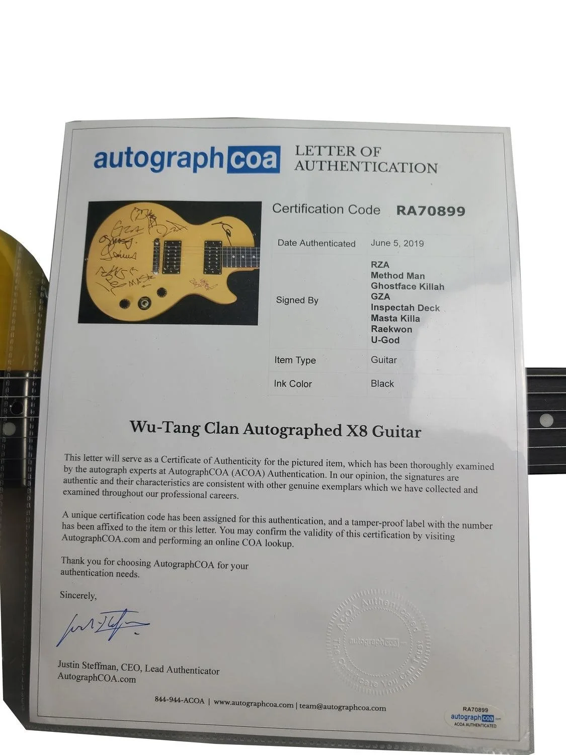 Wu Tang Clan Signed Autographed Gibson Epiphone Guitar ACOA, image 3