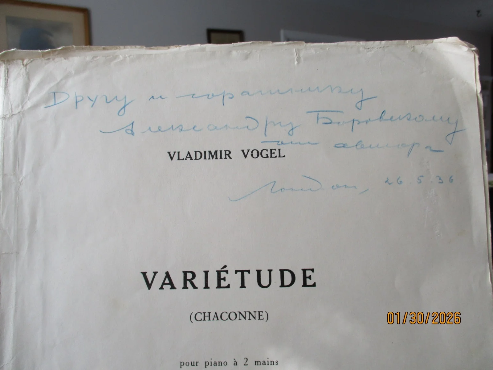 VLADIMIR VOGEL signed "VARIETUDE" (Chaconne) piano score to Alexander Borovsky, image 2