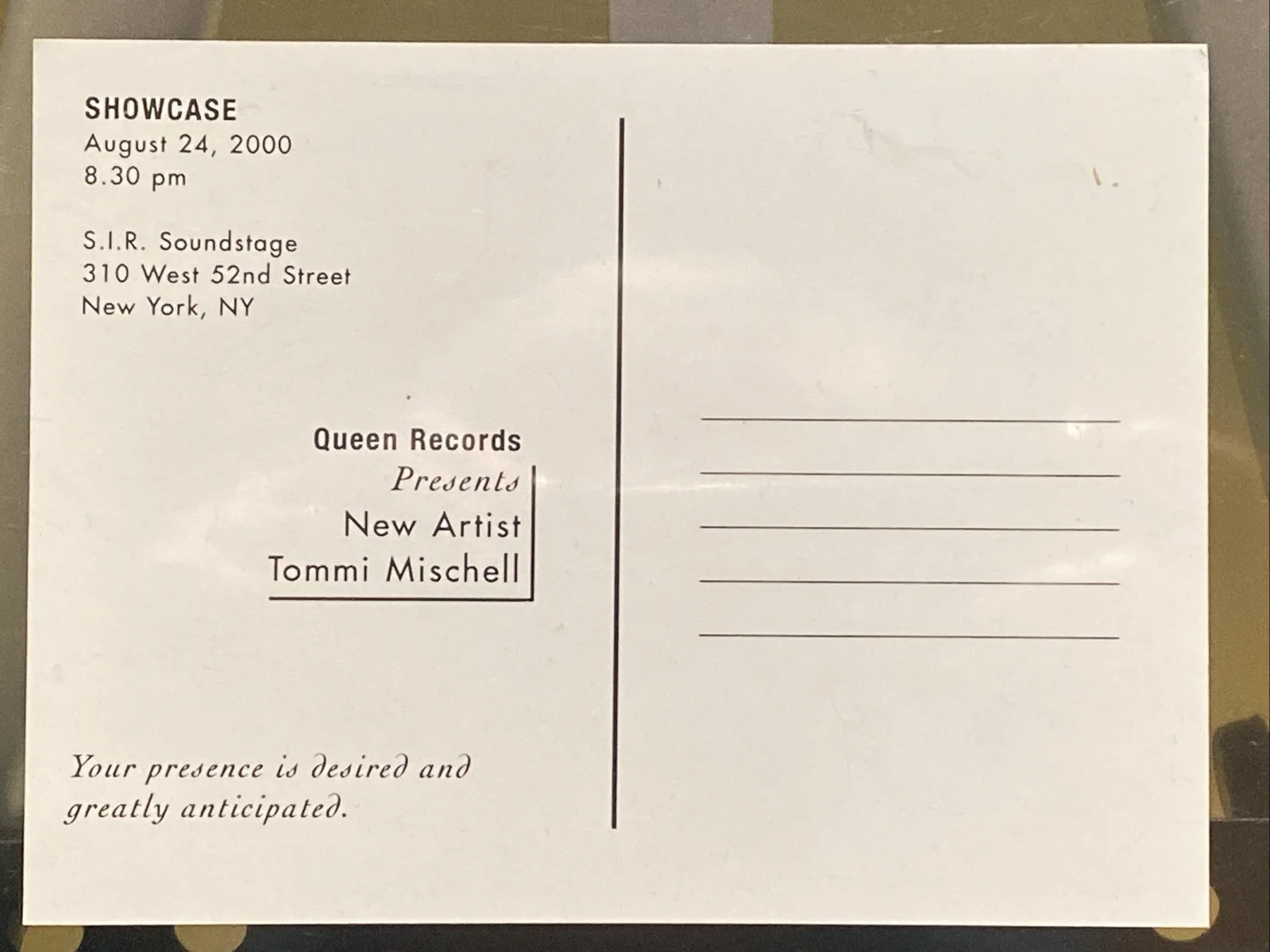 Tommi Mischell Queen Records Postcard 2000 Showcase Promo Inscribed SIGNED, image 2