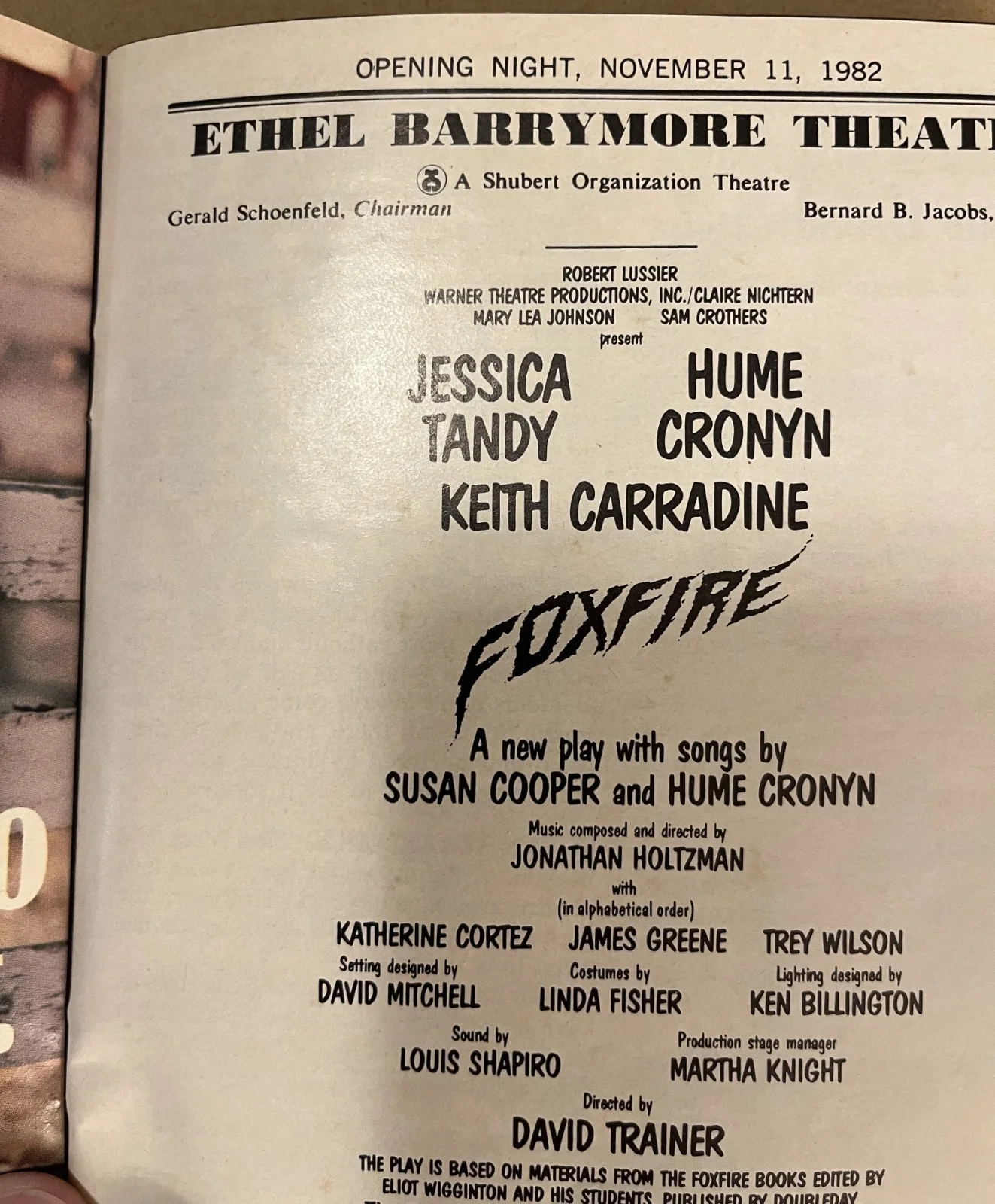 HIGH CRONYN, JESSICA TANDY, KEITH CARRADINE — FOXFIRE PLAYBILL AUTOGRAPHED MAY 1983-HUME CRONYN -JESSICA TANDY-KEITH CARRADINE, image 2