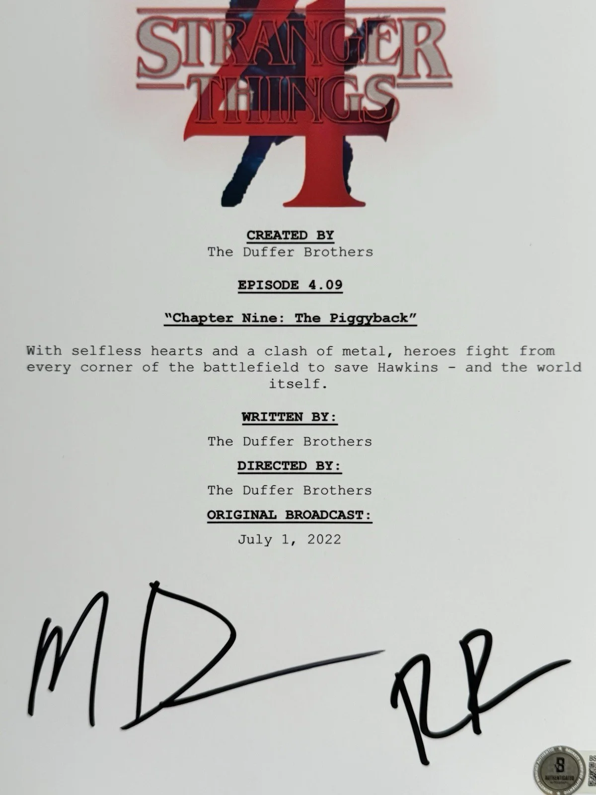 Matt Duffer amd Ross Duffer — MATT DUFFER & ROSS DUFFER SIGNED SCRIPT COVER DUFFER BROTHERS BECKETT BS14982, изображение 2