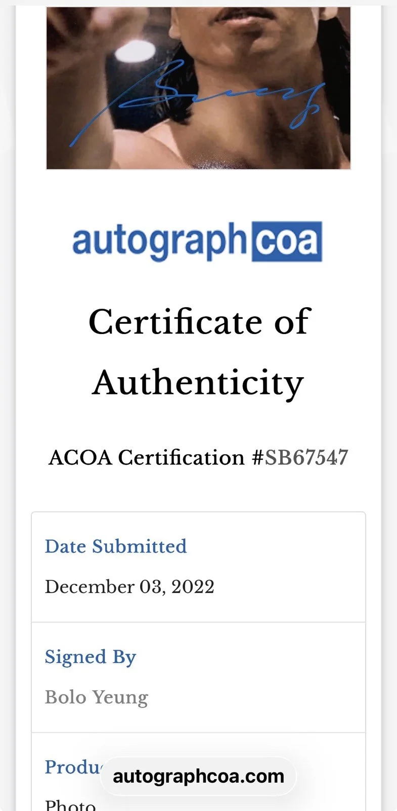 🥋 Bolo Yeung Signed “Bloodsport” Photo – ACOA Authenticated, image 5