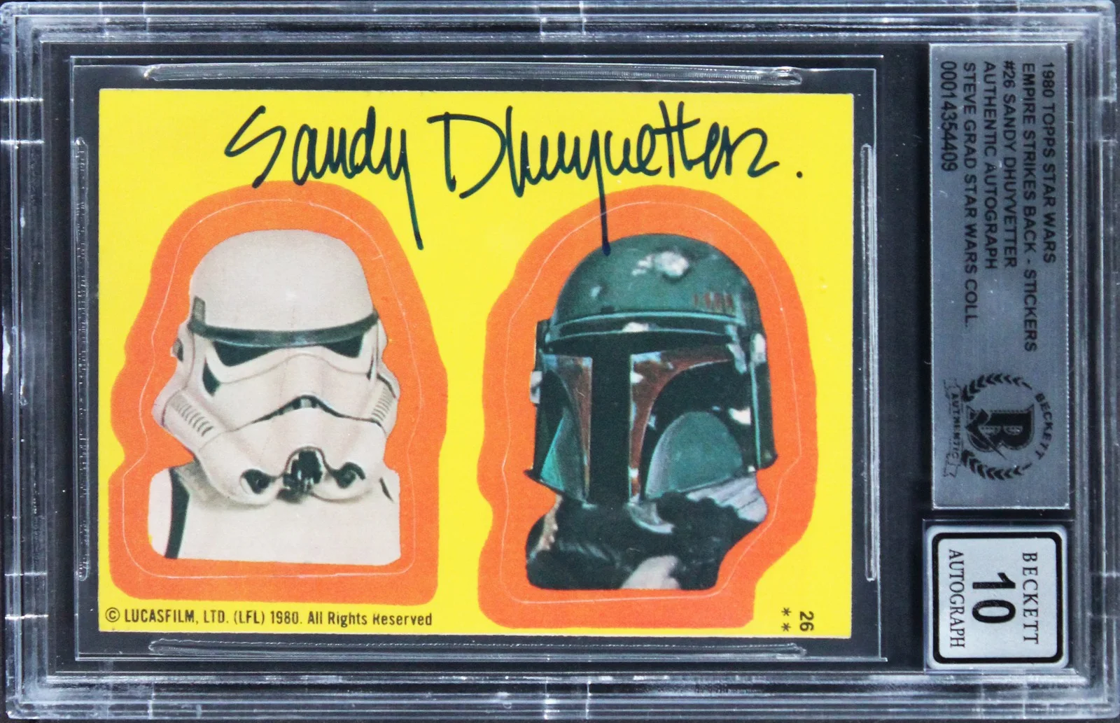 Sandy Dhuyvetter — Sandy Dhuyvetter Signed 1980 Star Wars ESB Stickers #26 Card Auto 10 BAS Slabbed