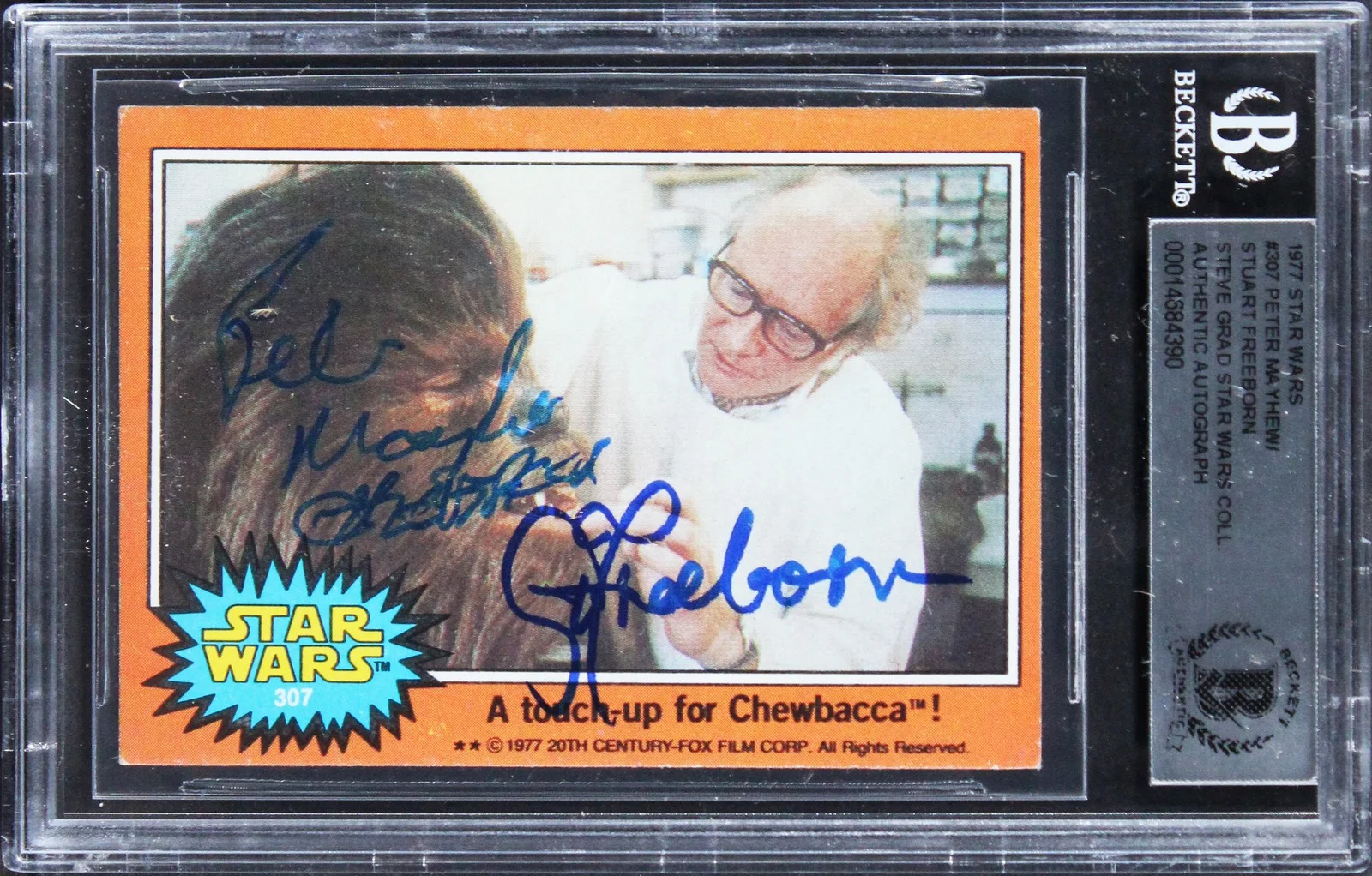 Peter Mayhew & Stuart Freeborn — Peter Mayhew & Stuart Freeborn "w/ Insc" Signed 1977 Star Wars #75 Card BAS Slab