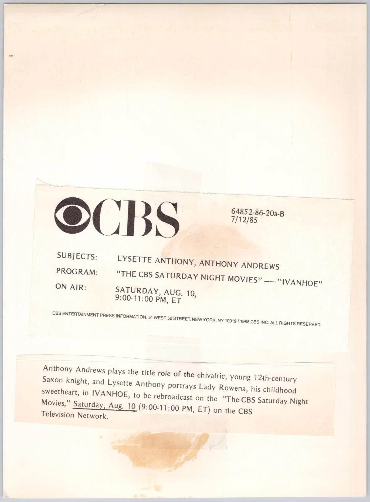 Ivanhoe CBS Photo 7 x 9.5 in Movie Still Lysette Anthony Andrews, изображение 2
