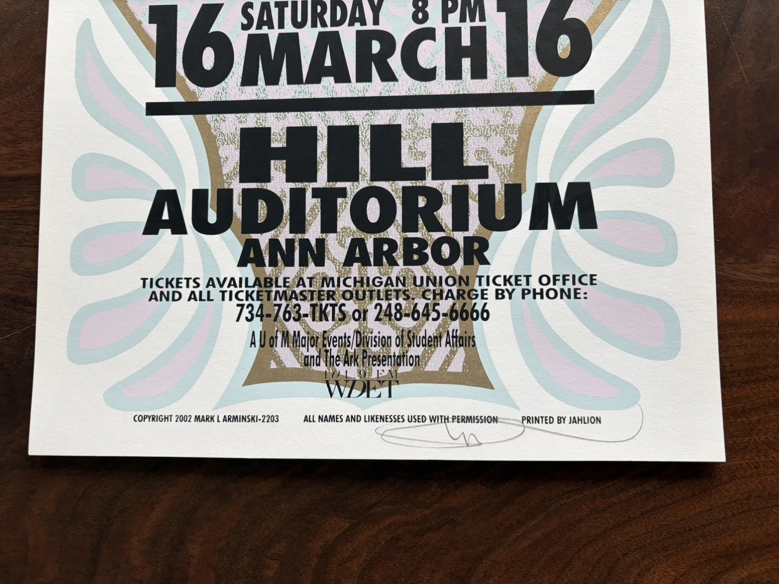 ANI DiFRANCO 2002 concert poster - Hill Auditorium, MI . Mark Arminski signed, image 2