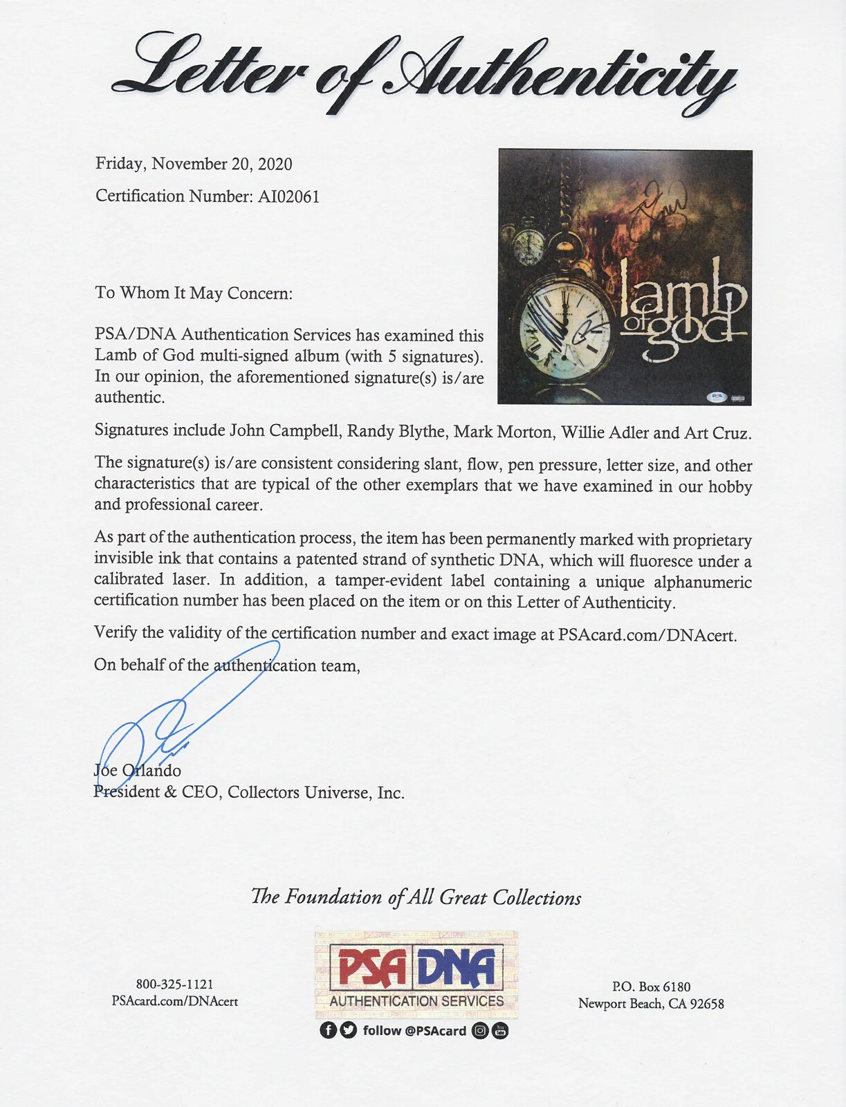 Lamb of God — Lamb of God Entire Band Signed Autograph Self Titled Vinyl Record PSA/DNA COA, изображение 3