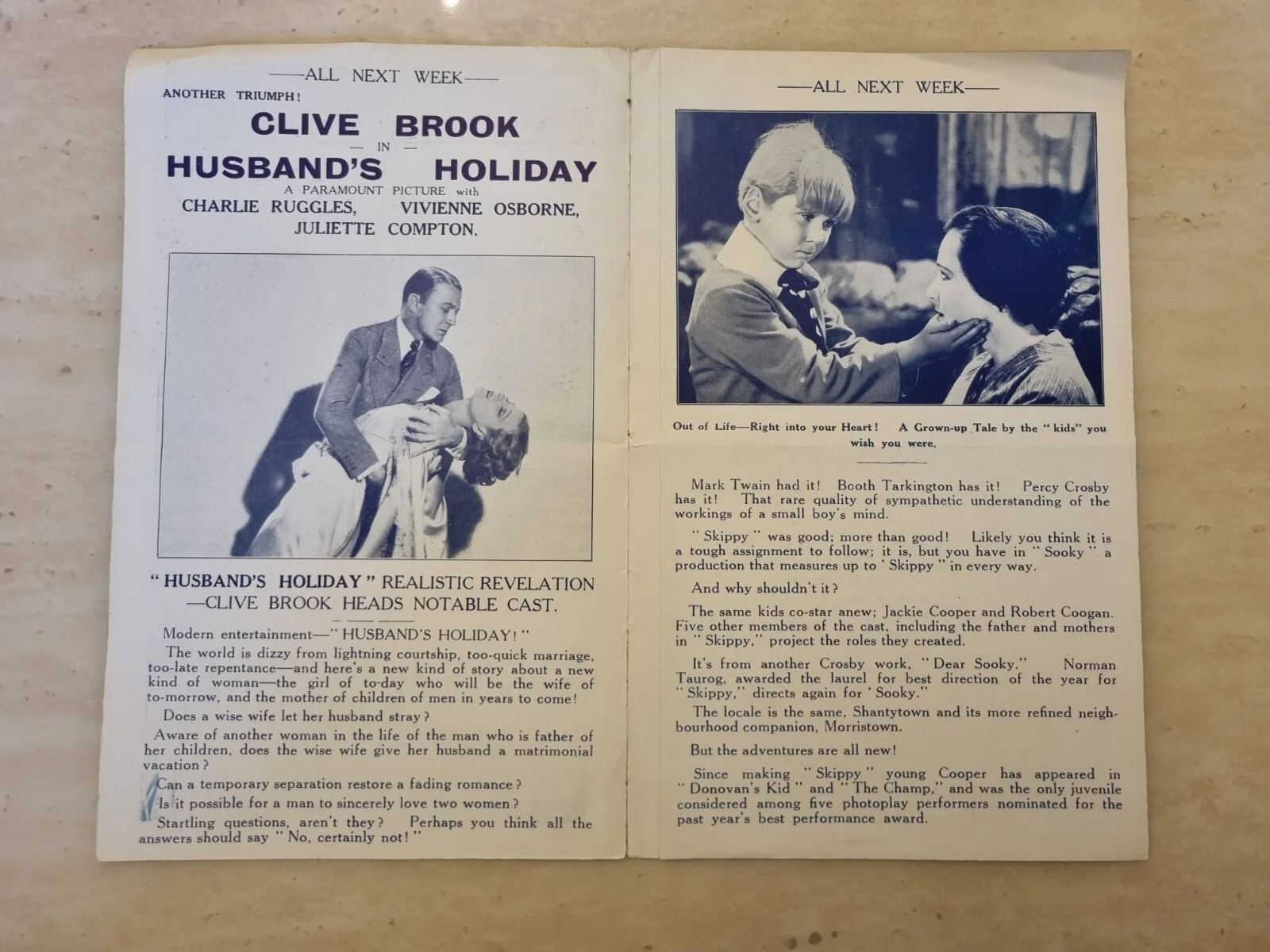 1930's Cinema Programme Husband's Holiday - Clive Brook Vivienne Brook / Sooky, изображение 2
