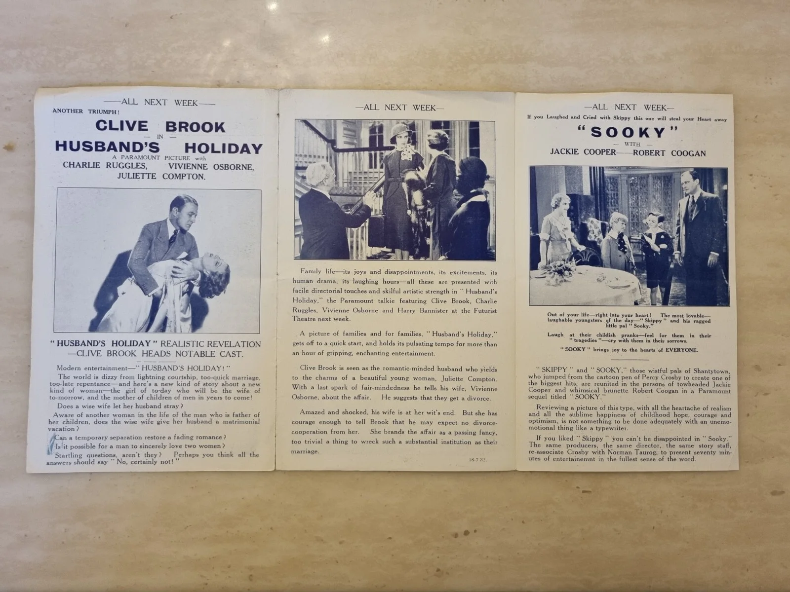 1930's Cinema Programme Husband's Holiday - Clive Brook Vivienne Brook / Sooky, изображение 3