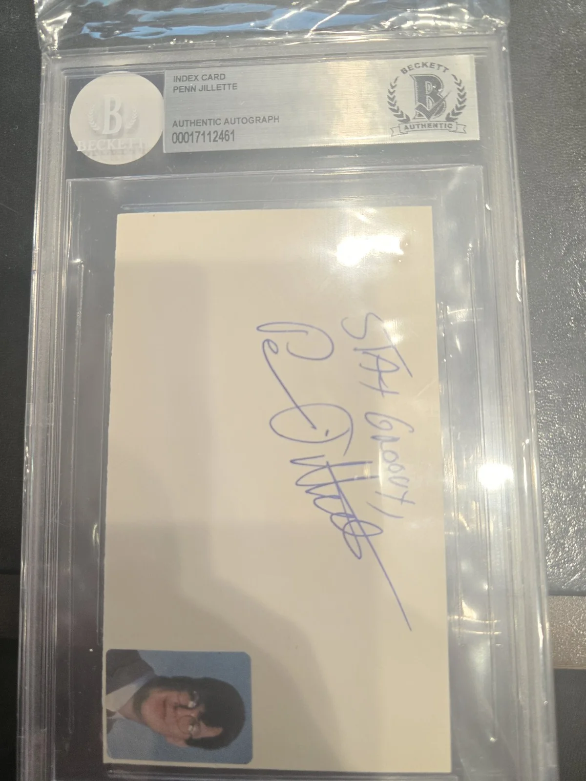 PENN JILLETTE — Penn & Teller Vegas Magicians Signed Index Card Penn Jillette "STAY GROOVY", изображение 3