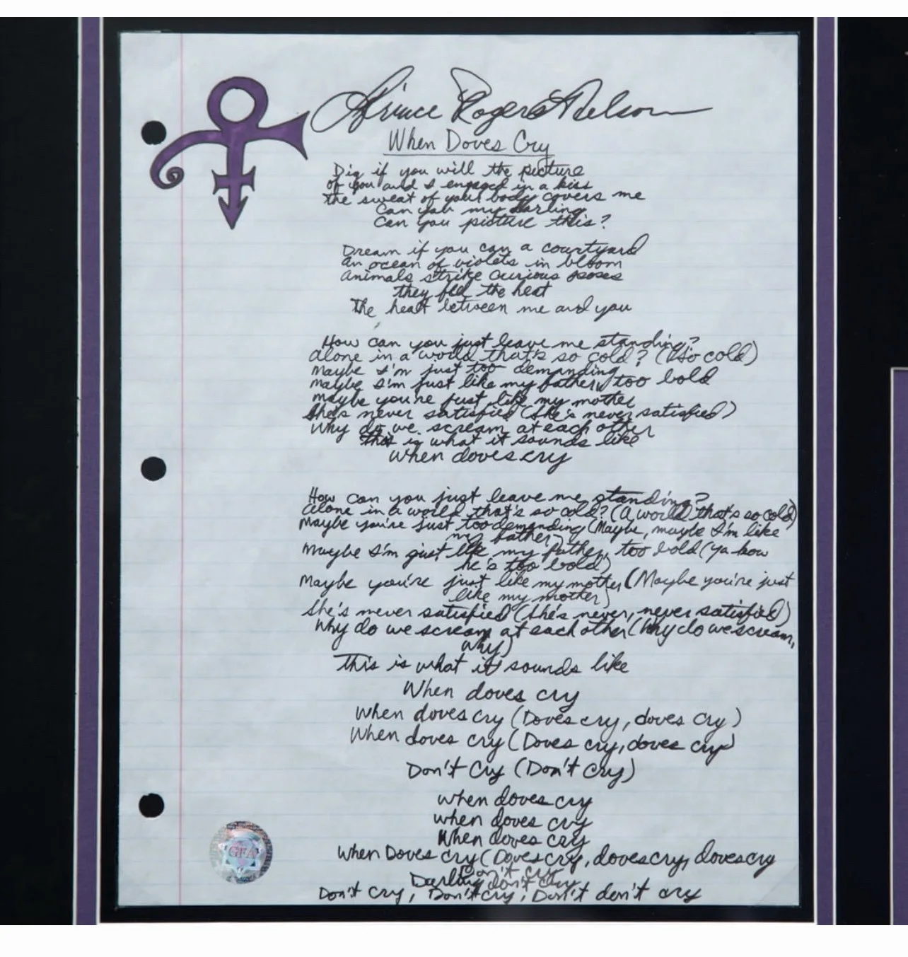 Prince — 🔥 Prince Signed Autograph When Doves Cry Lyrics 🔥, image 2
