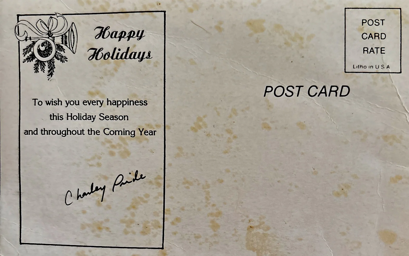 Charlie Pride Autographed 3X5 Holiday Post Card With Two Signatures. Jan. 1991,, image 2