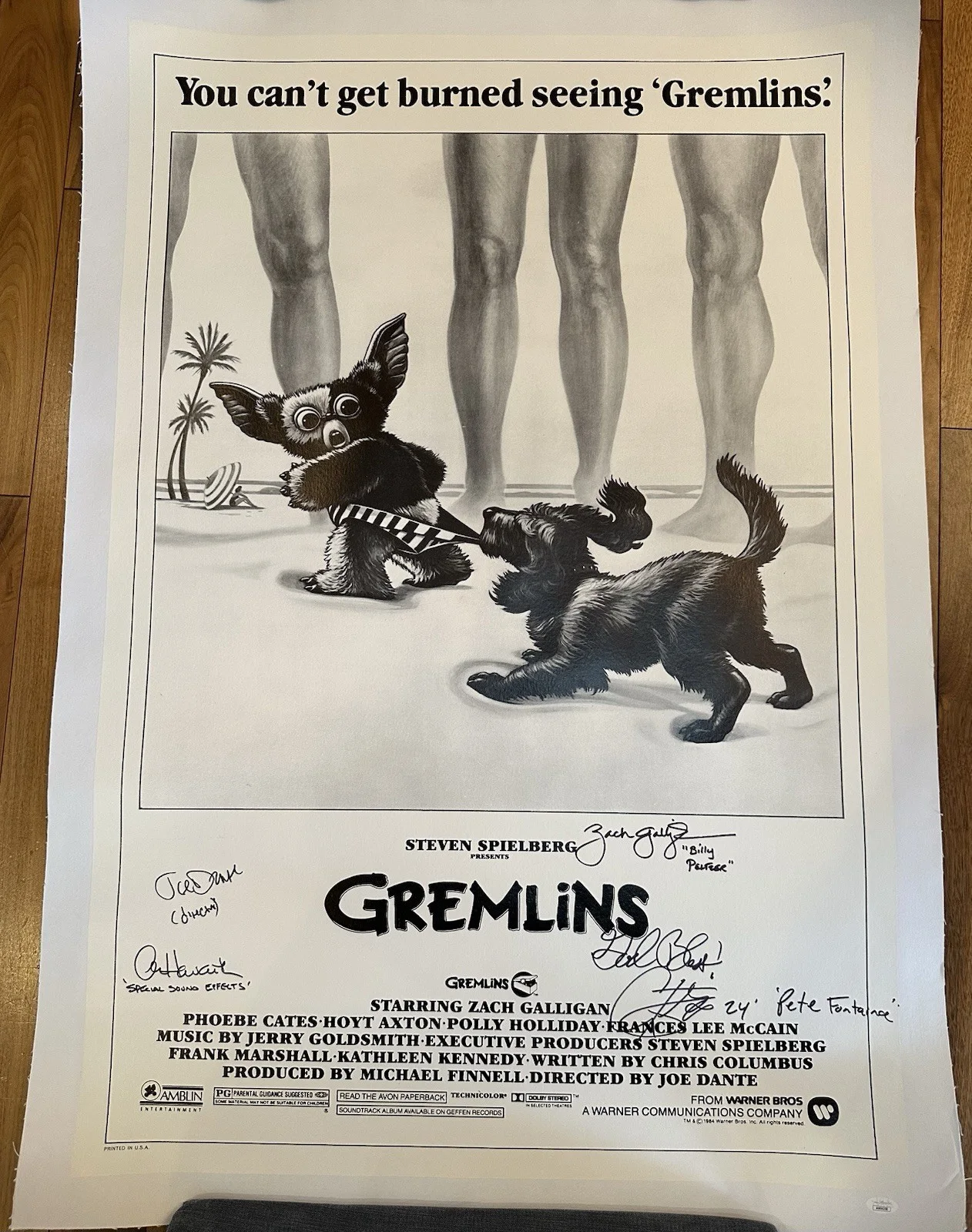 Corey Feldman, Alan Howarth, Zach Galligan, Joe Dante — The Gremlins Signed Canvas Movie Poster JSA Cert. 44 x 33.5"