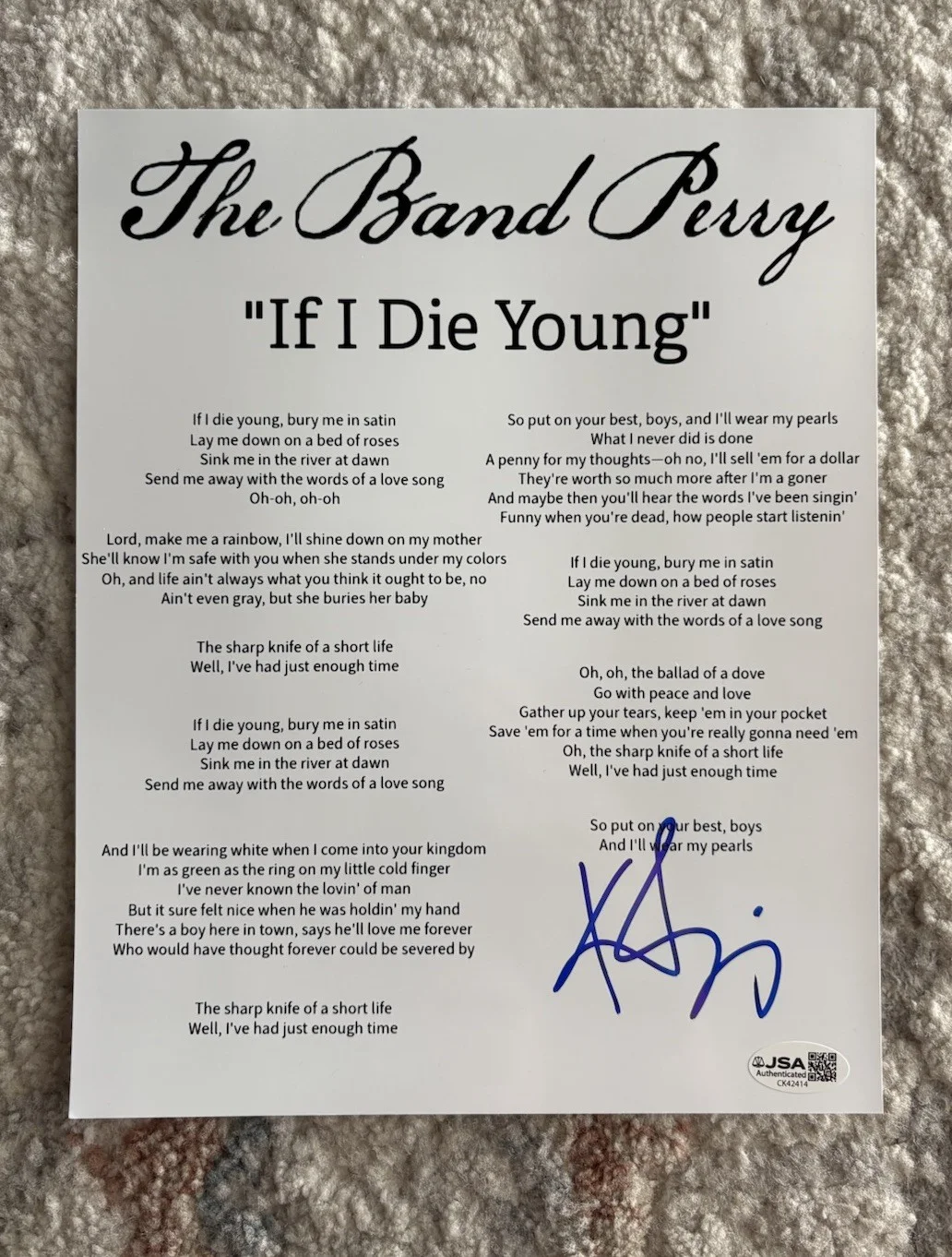 Kimberly Perry Signed Autographed If I Die Young Lyric Sheet The Band Perry JSA, image 2