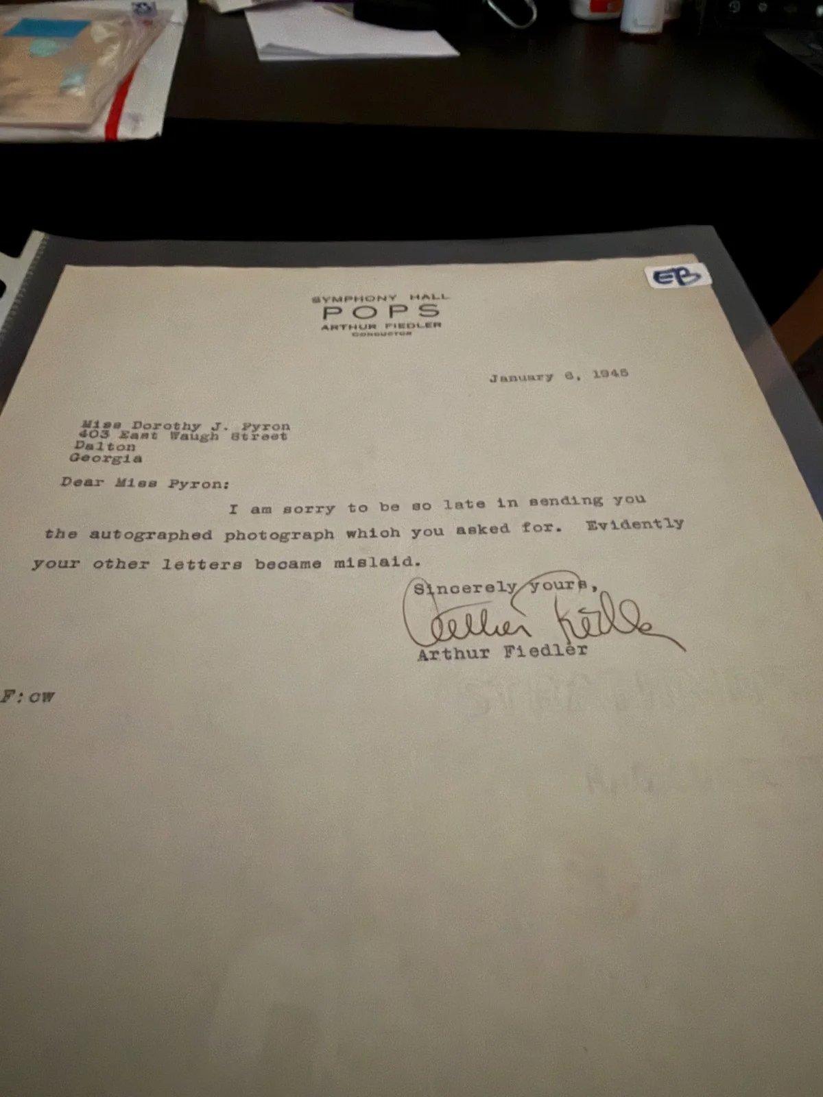 Arthur Fiedler Signed Letter POPS Letterhead, image 2