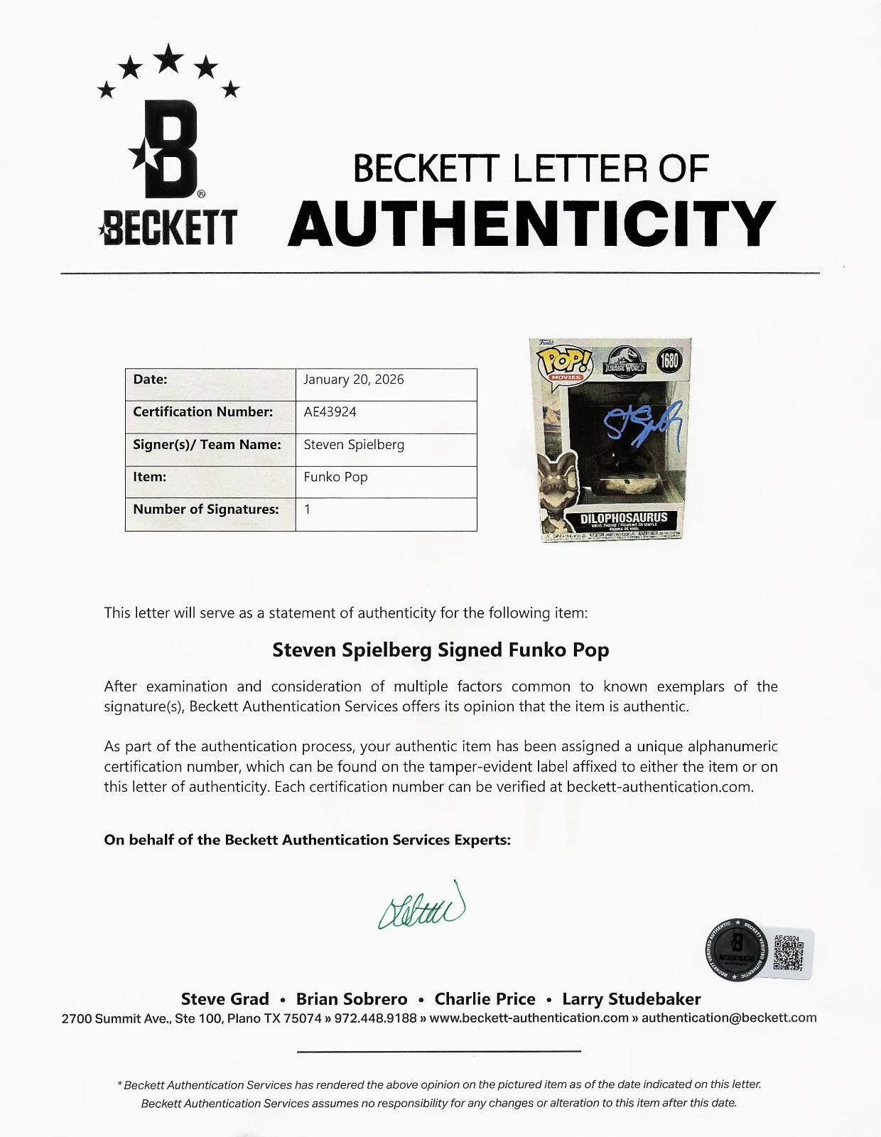 Steven Spielberg — Steven Spielberg Signed Auto Jurassic World Funko Pop 1680 Dilophosaurus Beckett, изображение 3