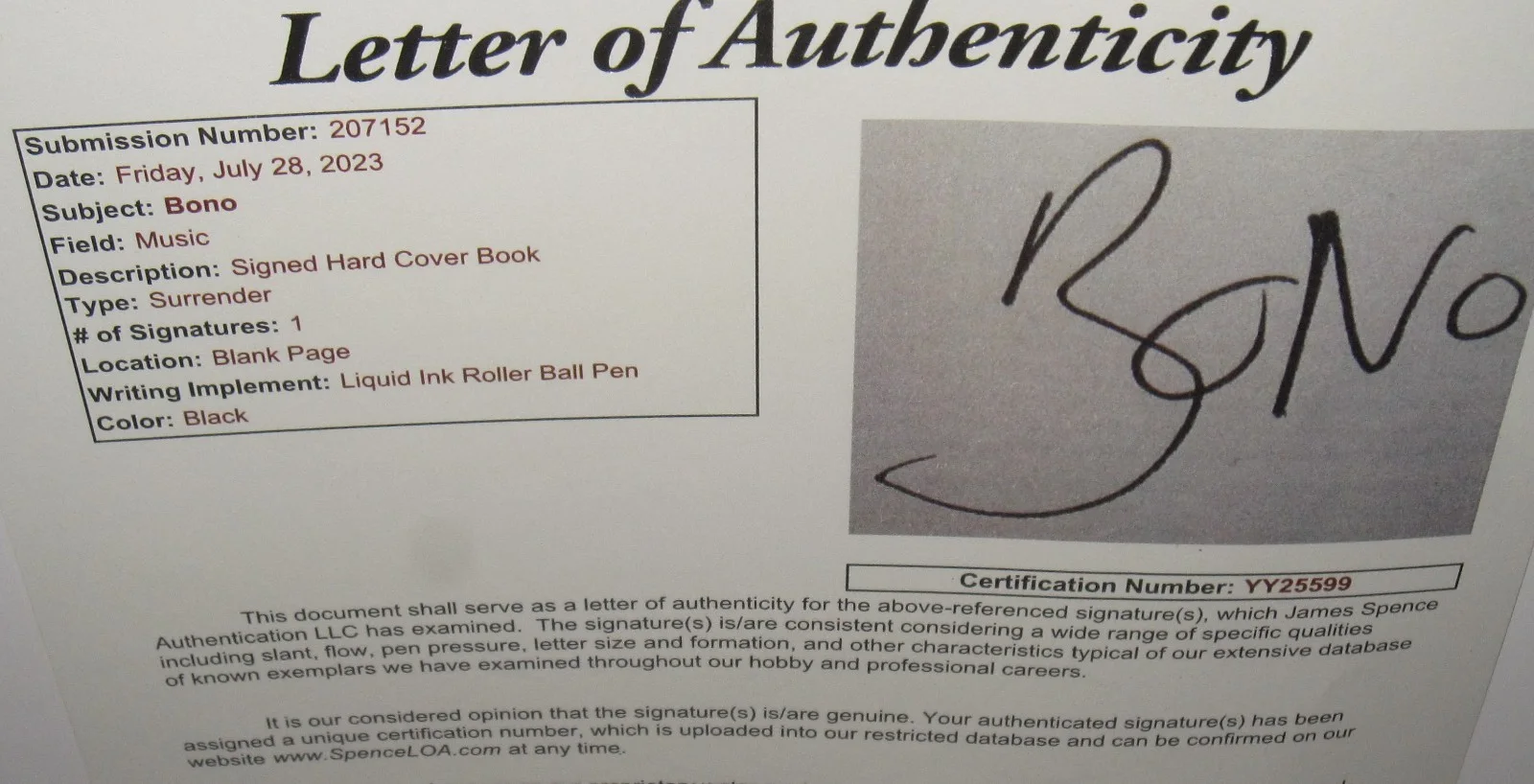 BONO SIGNED SURRENDER BOOK U2 AUTOGRAPH CLASSIC ROCK BARNES & NOBLE JSA LOA, image 4