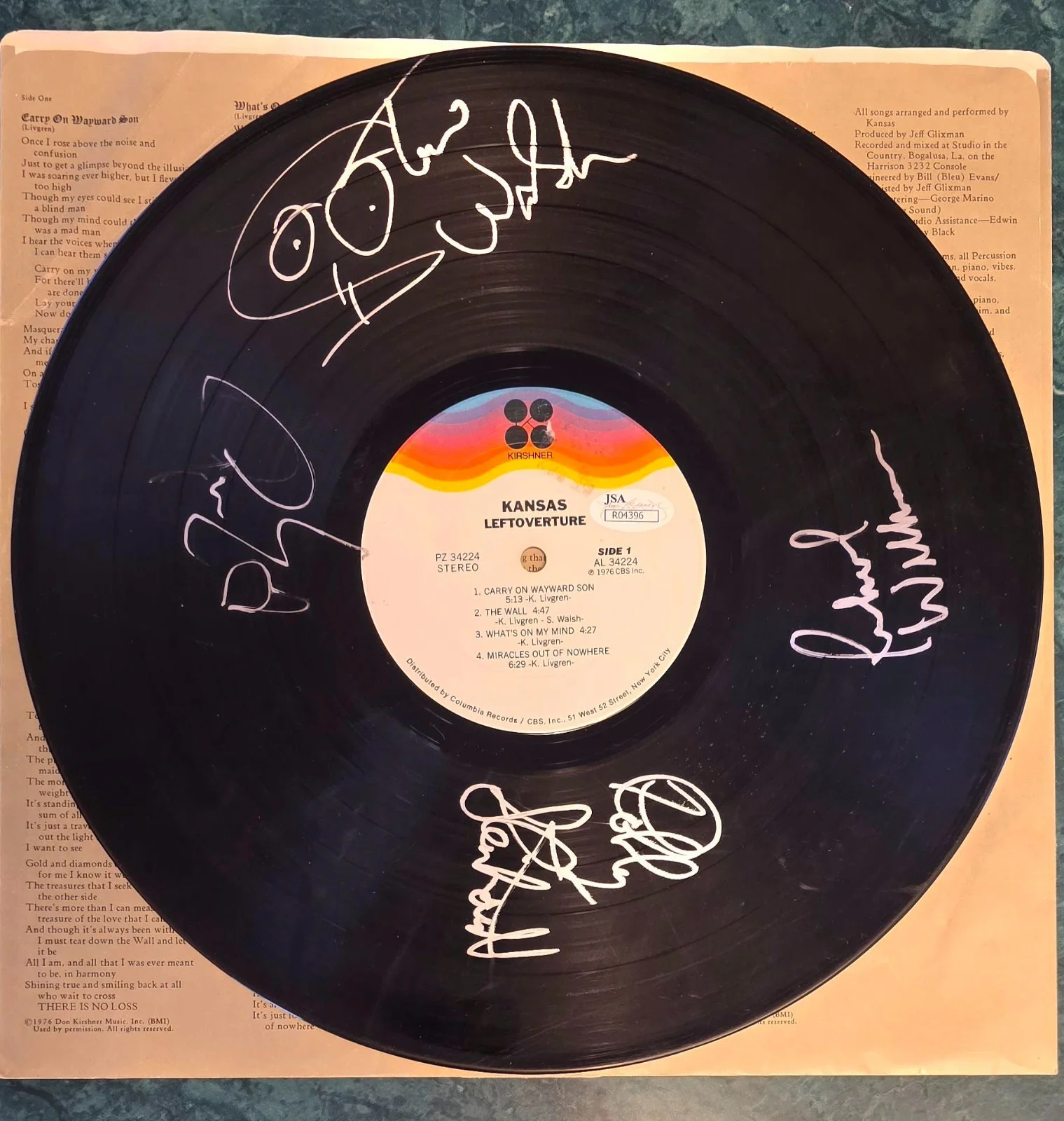 SIGNED 9X KANSAS LEFTOVERTURE AUTOGRAPHED COVER & 12" LP JSA COA # R04396, image 3