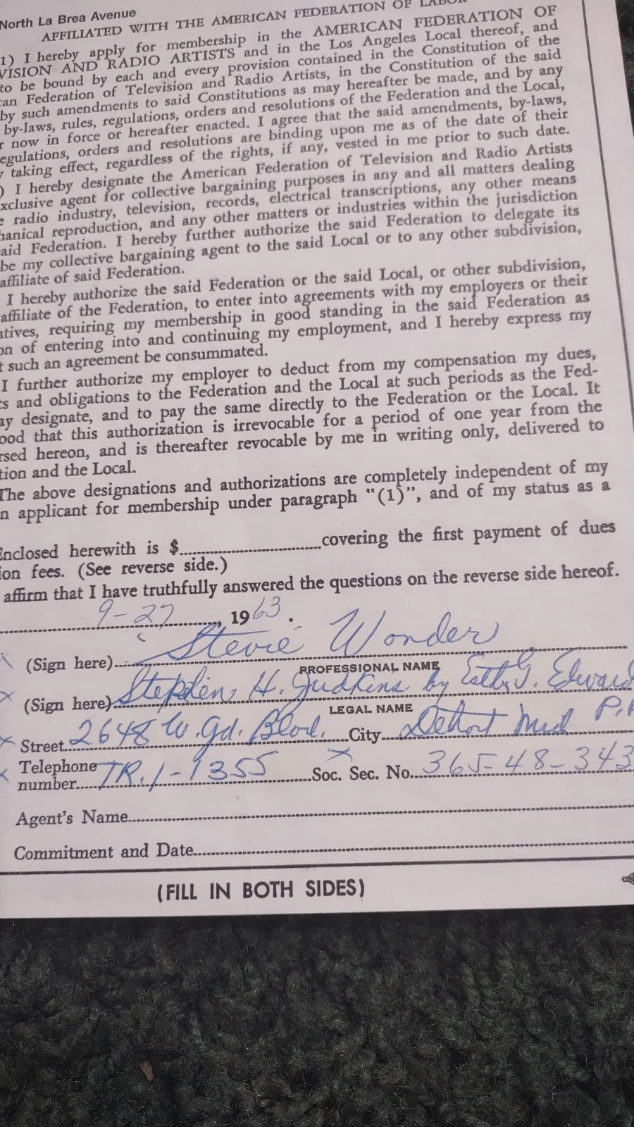 Stevie Wonder - Signed AFTRA Contract From 1963, image 2