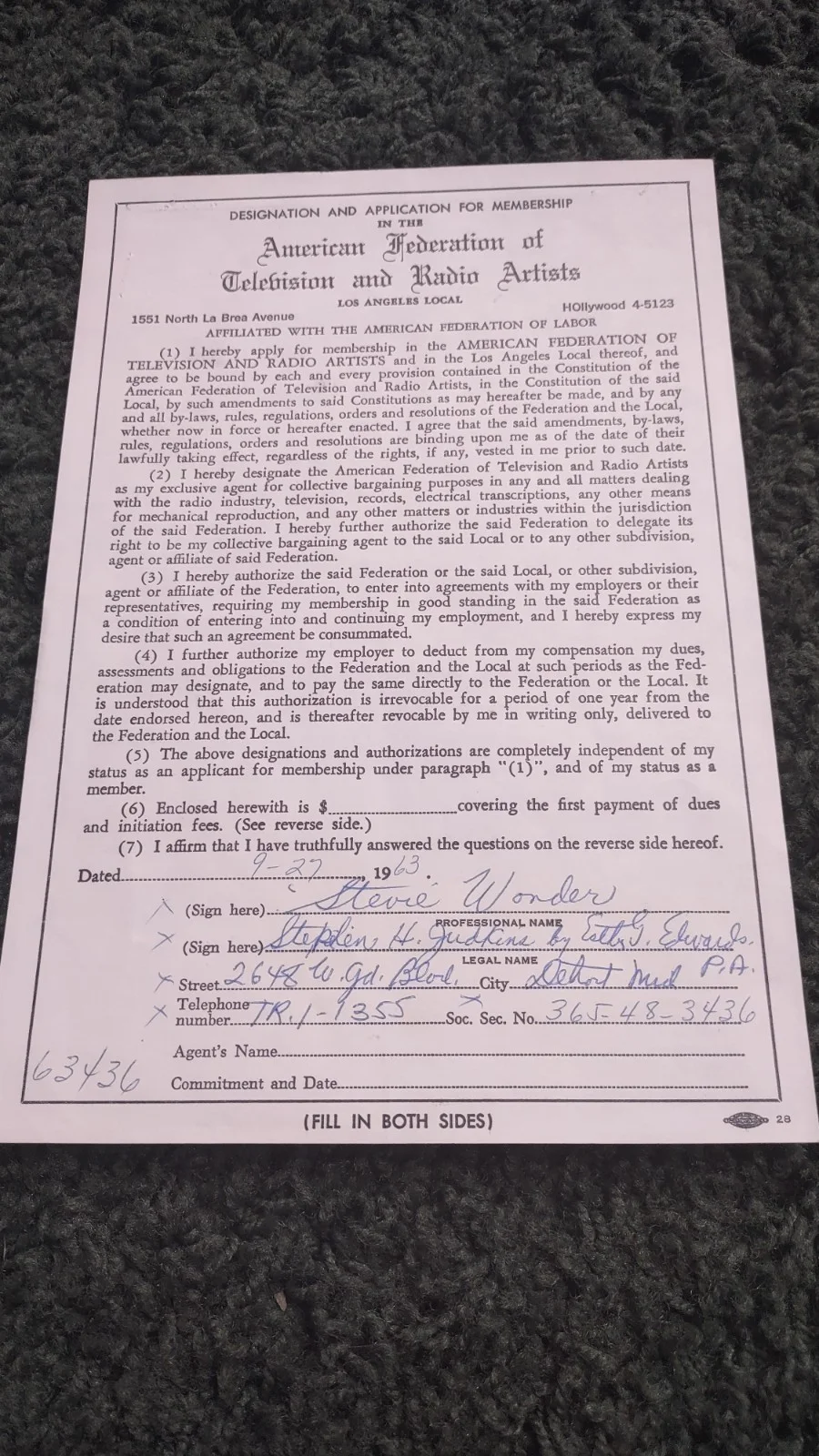 Stevie Wonder - Signed AFTRA Contract From 1963, image 3