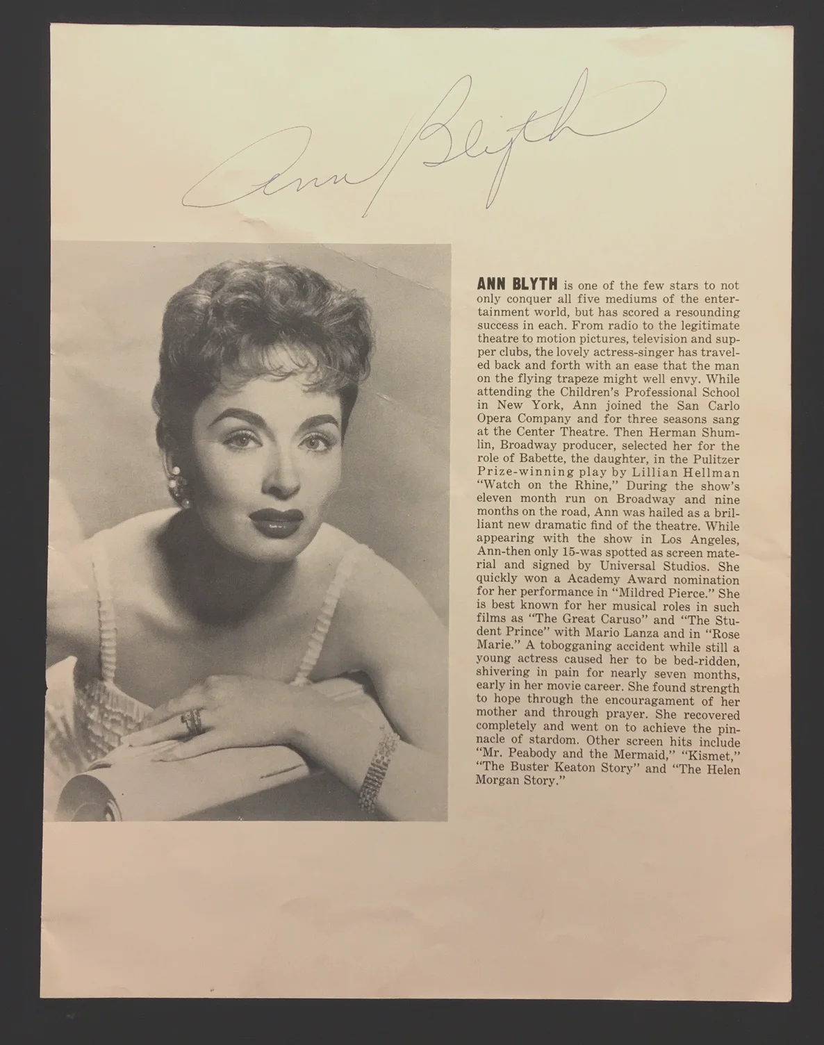 ANN BLYTH ACTRESS HAND SIGNED AUTOGRAPHED SINGLE PAGE BY CAST MEMBER of CARNIVAL, image 2