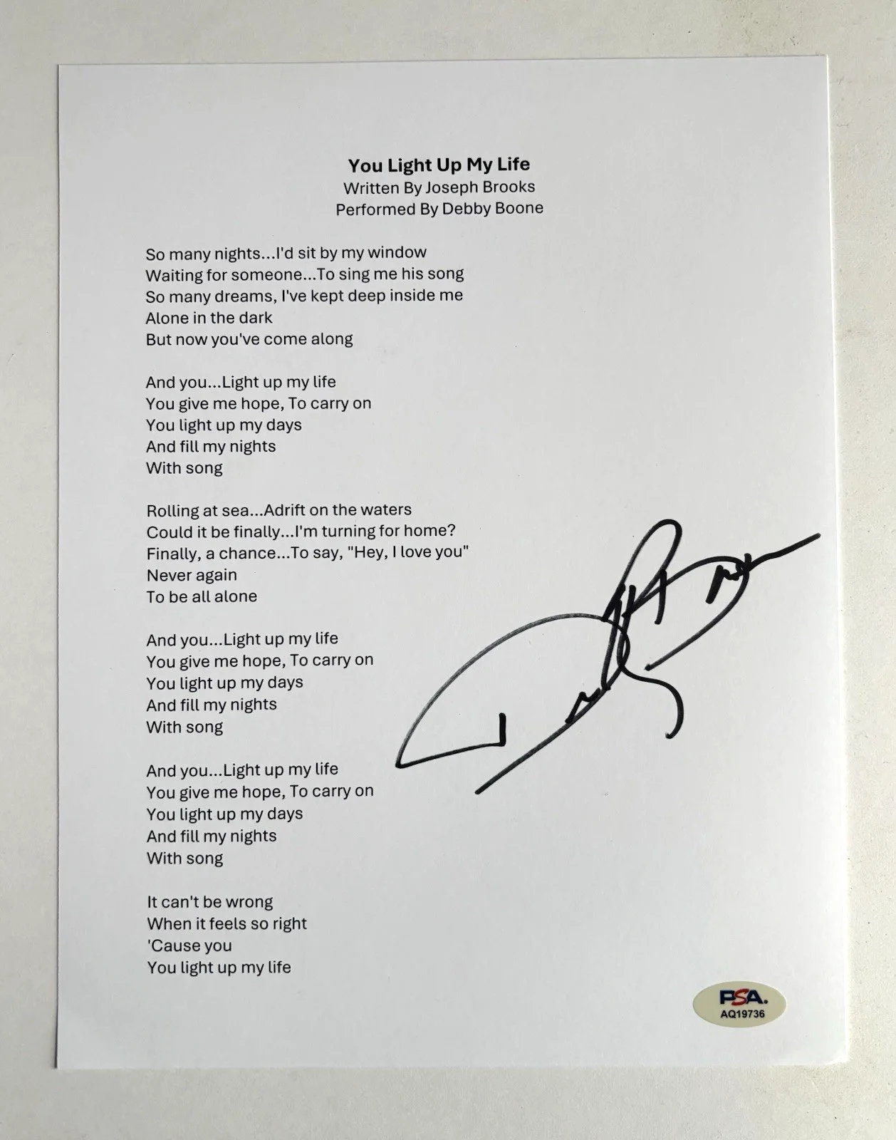 DEBBY BOONE Signed YOU LIGHT UP MY LIFE Lyric Sheet Music PSA DNA COA, image 2