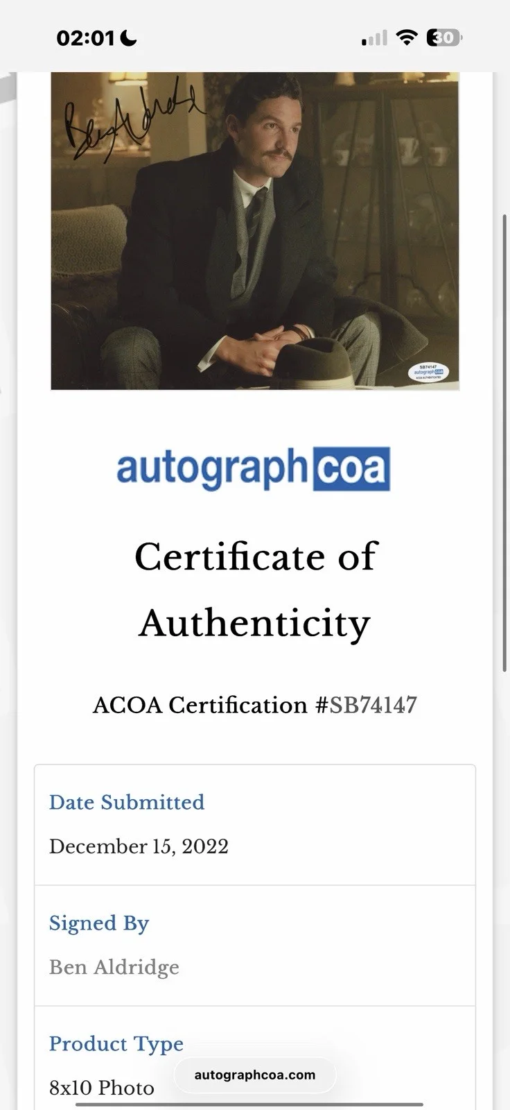 Ben Aldridge — Ben Aldridge "Pennyworth" AUTOGRAPH Signed 'Thomas Wayne' 8x10 Photo ACOA, изображение 4