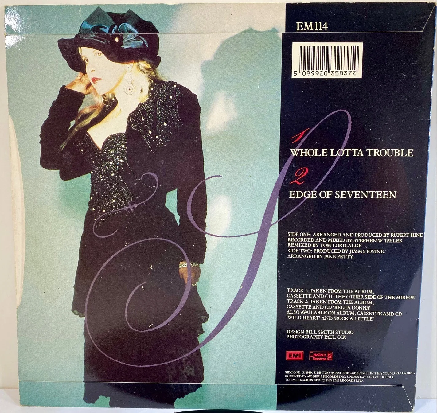 1989 Stevie Nicks Whole Lotta Trouble 45 Record Signed w/ Inscription, изображение 5