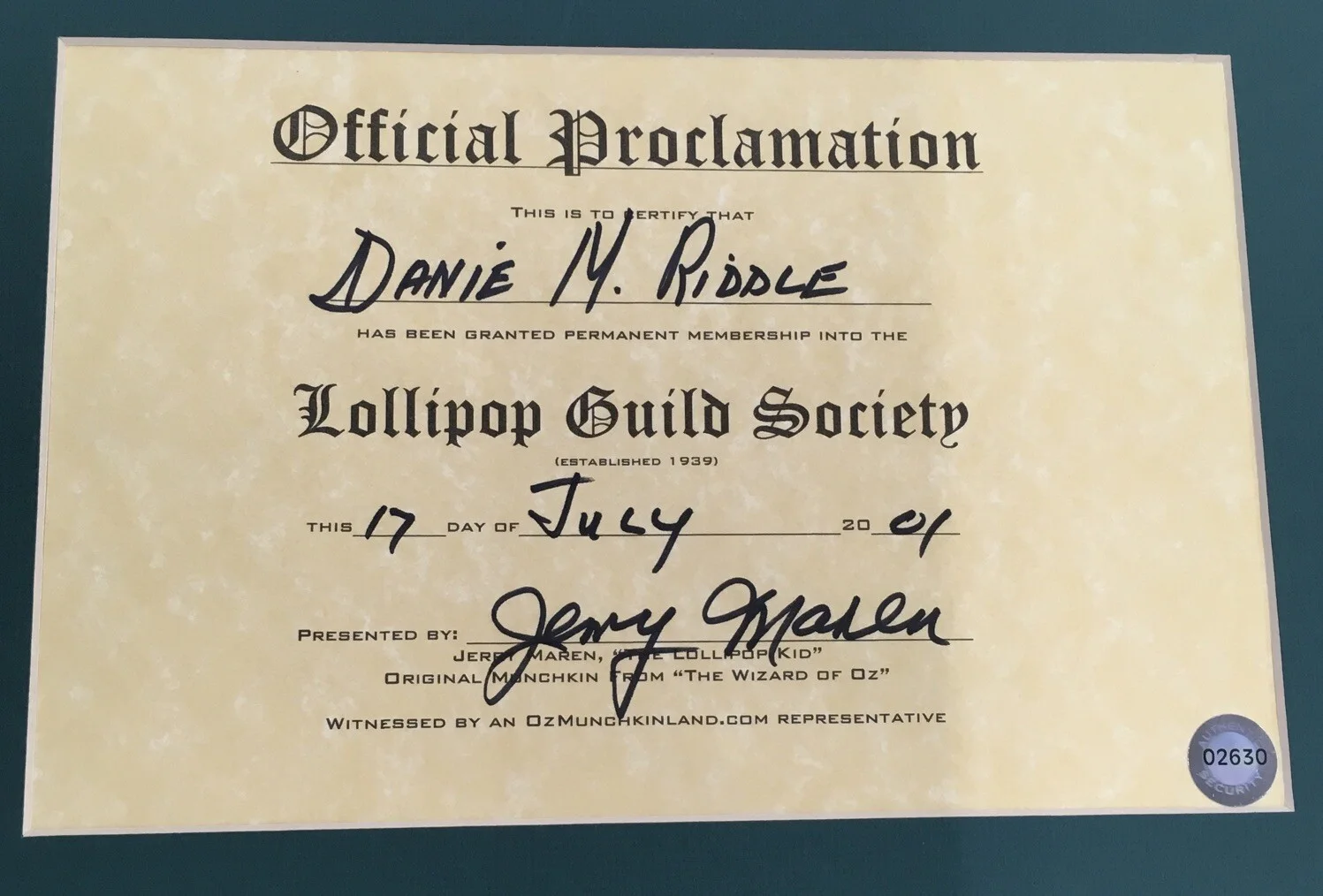 Jerry Maren — Jeremy Maren WIZARD OF OZ LOLLIPOP Signed "Lollypop Kid" Photo With COA, изображение 2