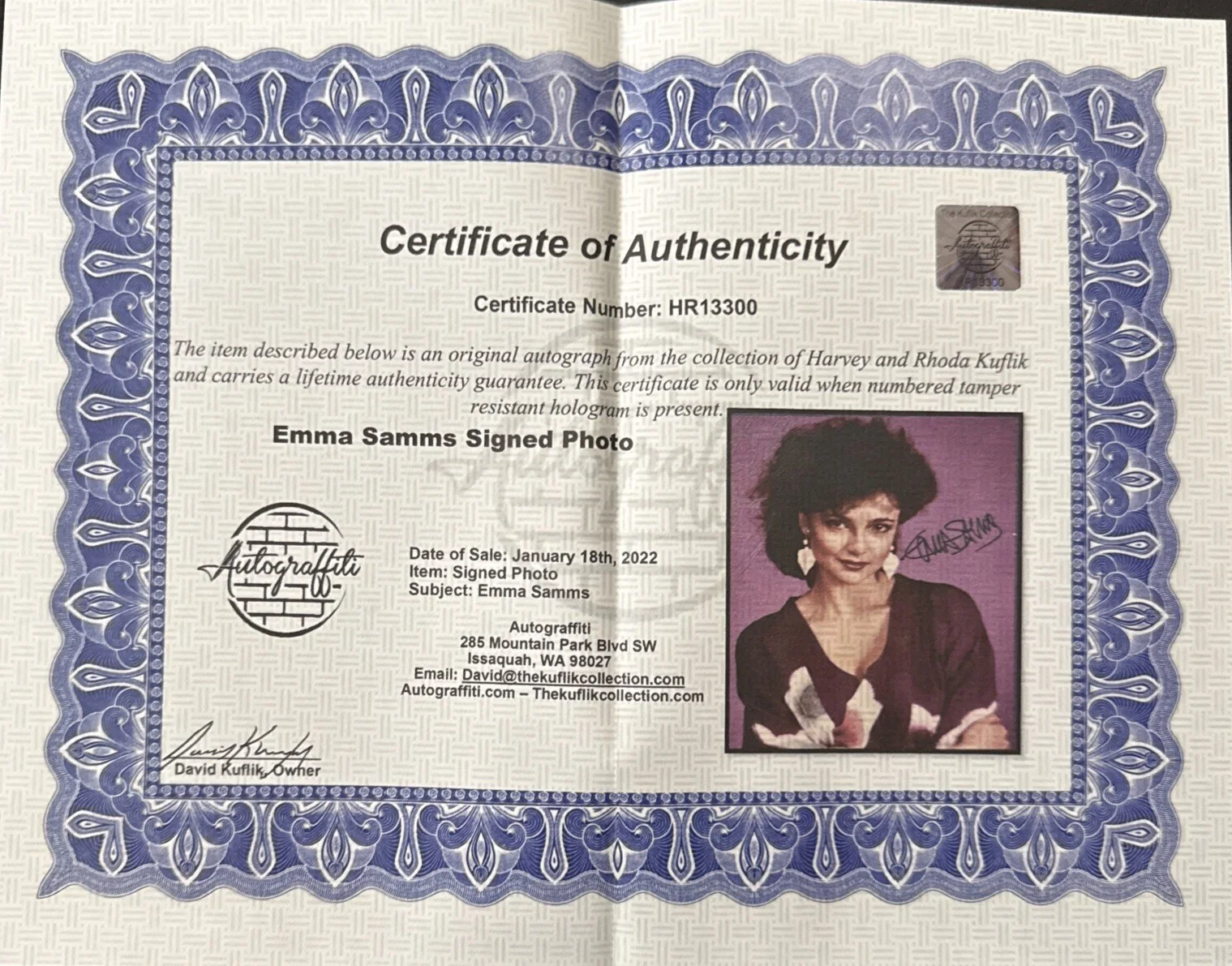 8 by 10 Signed Original Photo Of The Great Actress Emma Samms with a COA., image 3