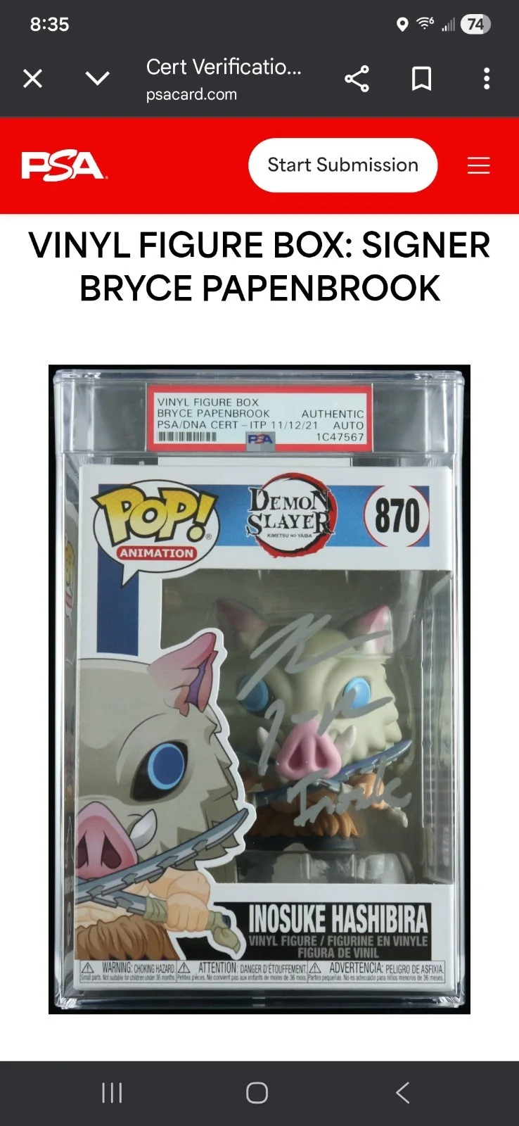 BRYCE PAPENBROOK — BRYCE PAPENBROOK SIGNED INOSUKE HASHIBIRA FUNKO POP PSA Authentic 1C47567, изображение 2