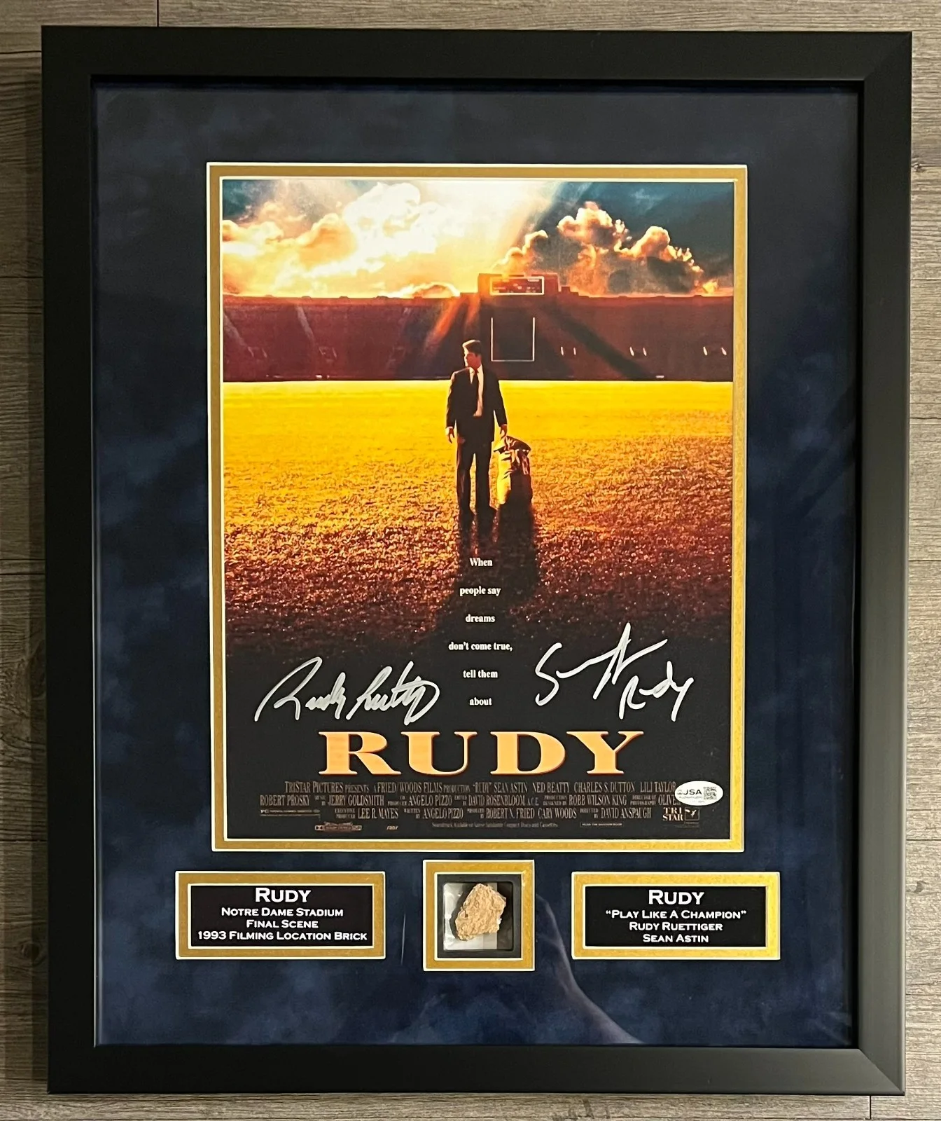 Rudy Ruettiger & Sean Astin — Astin Reuttiger autographed suede framed 11x14 photo & relic Notre Dame Rudy JSA