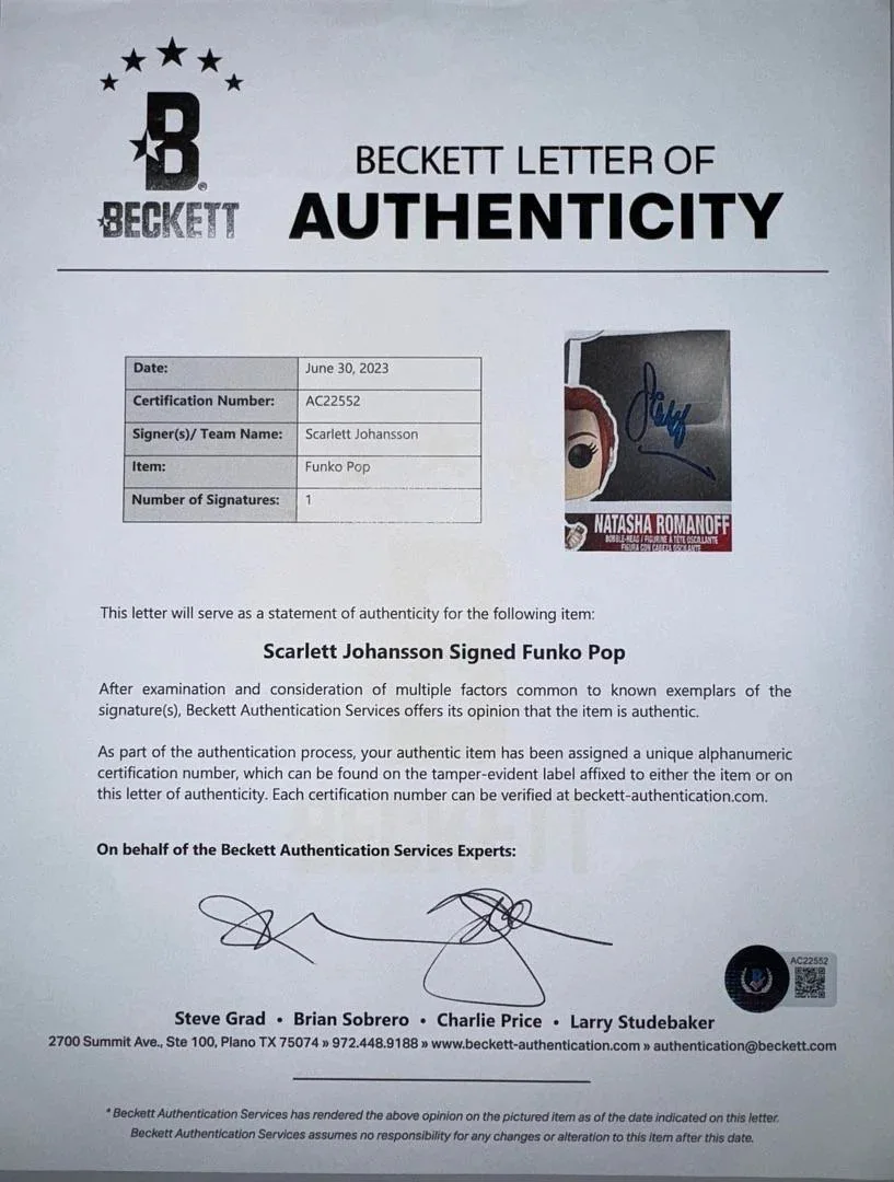 Scarlett Johanssen Signed Funko #603 Natasha Romanoff (Avengers)-Beckett letter, изображение 5