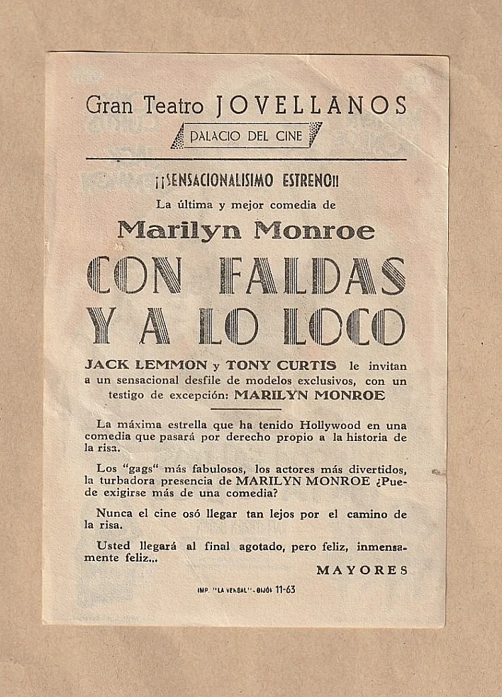 MARILYN MONROE. SOME LIKE IT HOT. ORIGINAL 1963 HANDBILL / FLYER. SCARCE, image 2