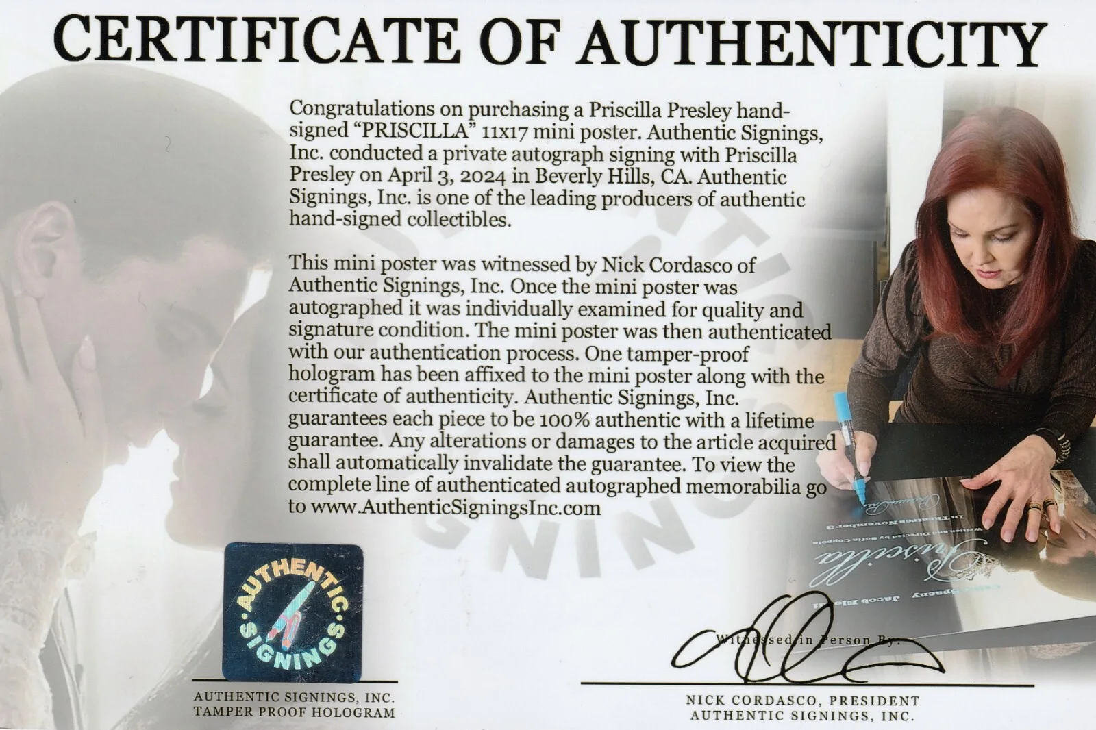 Priscilla Presley — Priscilla Presley Autographed PRISCILLA 11x17 Mini Poster w/ Elvis ASI Proof, изображение 2