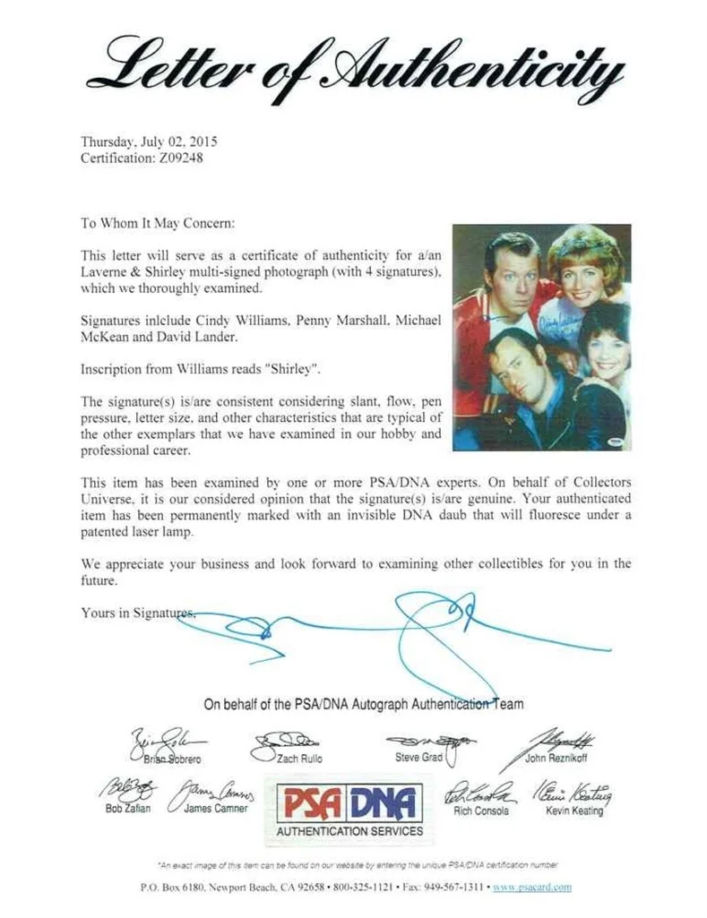 Show Cast Members — Laverne and Shirley Cast Autograph Signed 11x14 Photo Certified PSA/DNA COA, изображение 2