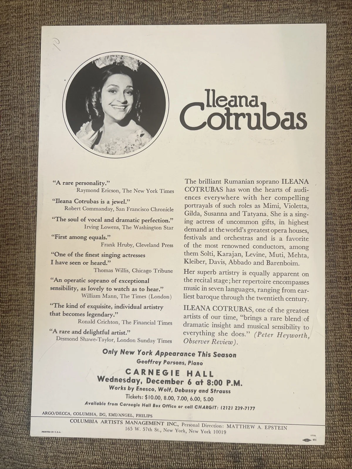Ileana Cotrubas + Opera + Signed Publicity Flyer for 1978 Carnegie Hall, image 3
