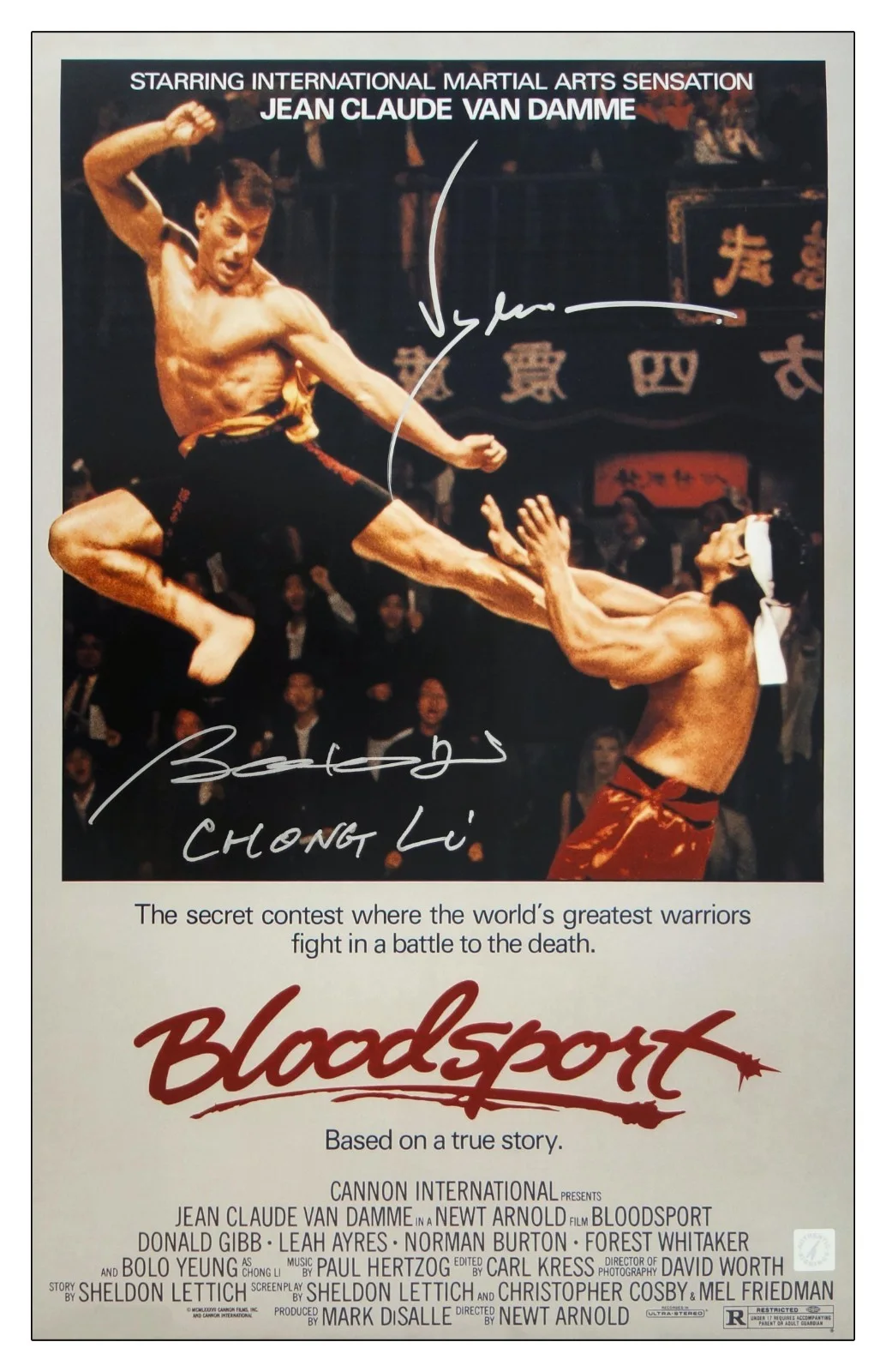 Jean Claude Van Damme and Bolo Yeung — Jean Claude Van Damme & Bolo Yeung Autographed BLOODSPORT 16X24 Poster ASI Proof