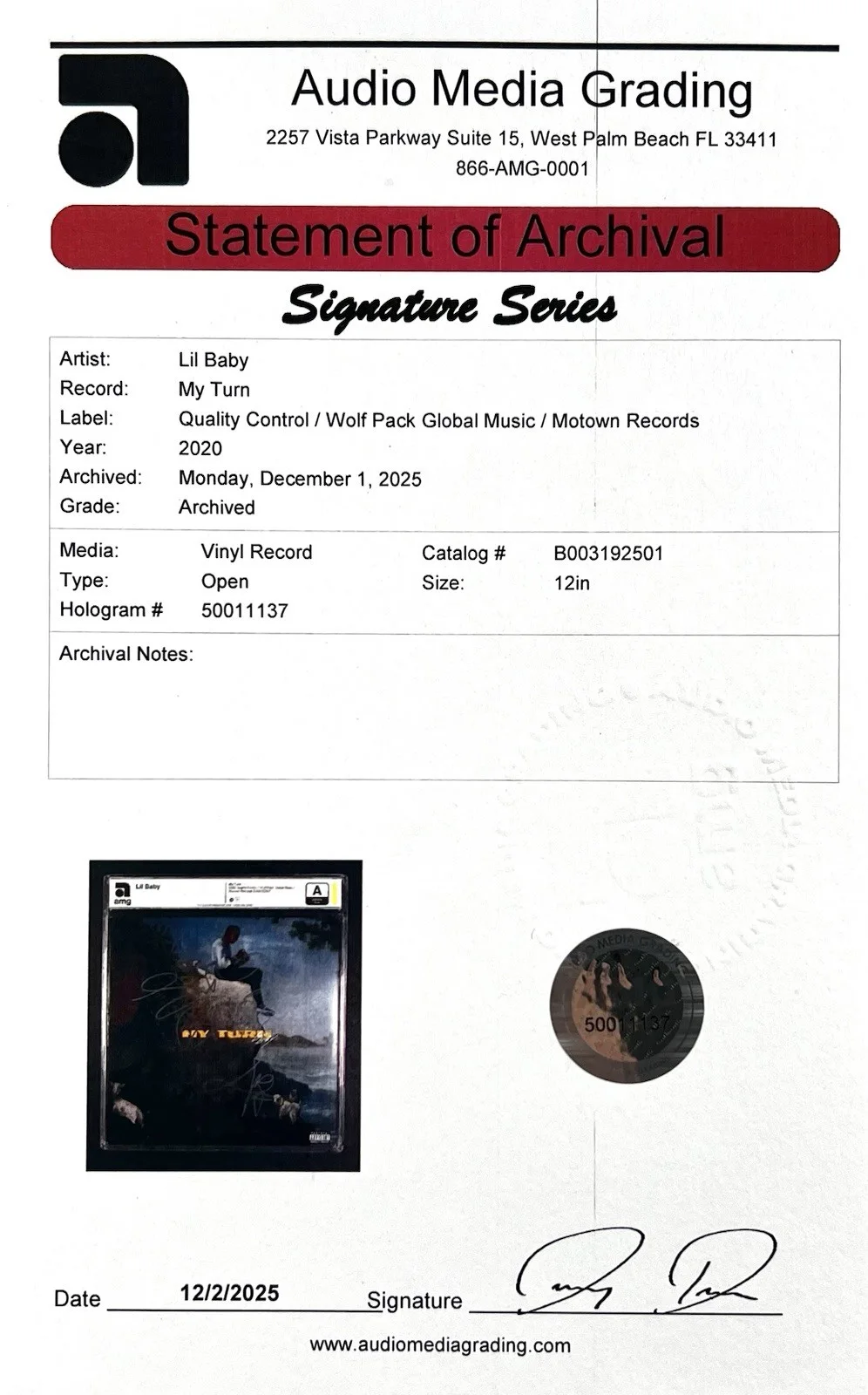 Lil Baby Signed Autographed Vinyl LP “My Turn” Beckett Authenticated AMG, изображение 2