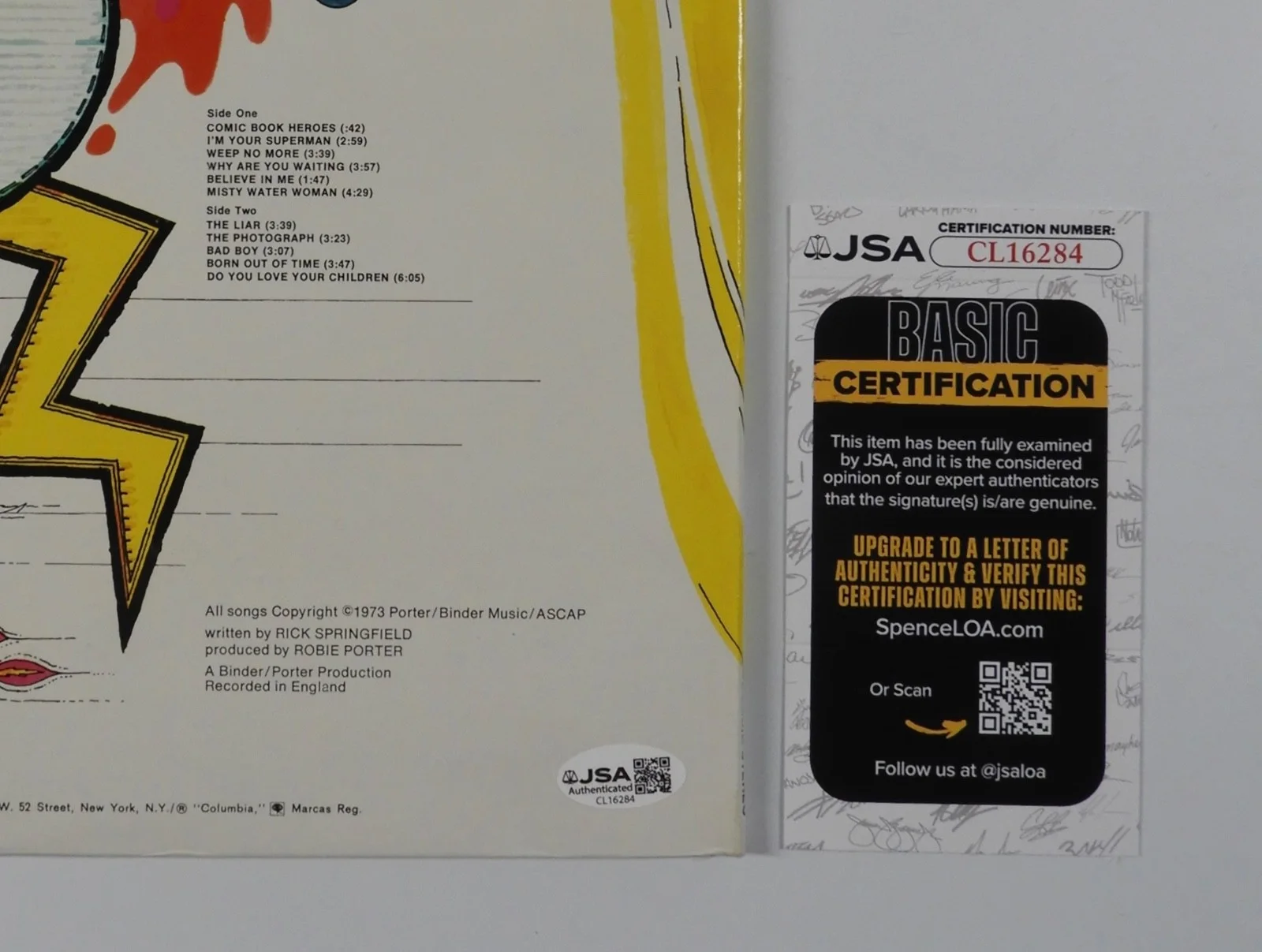 Rick Springfield JSA Signed Autograph Album Record LP Vinyl Comic Book Hero, image 3